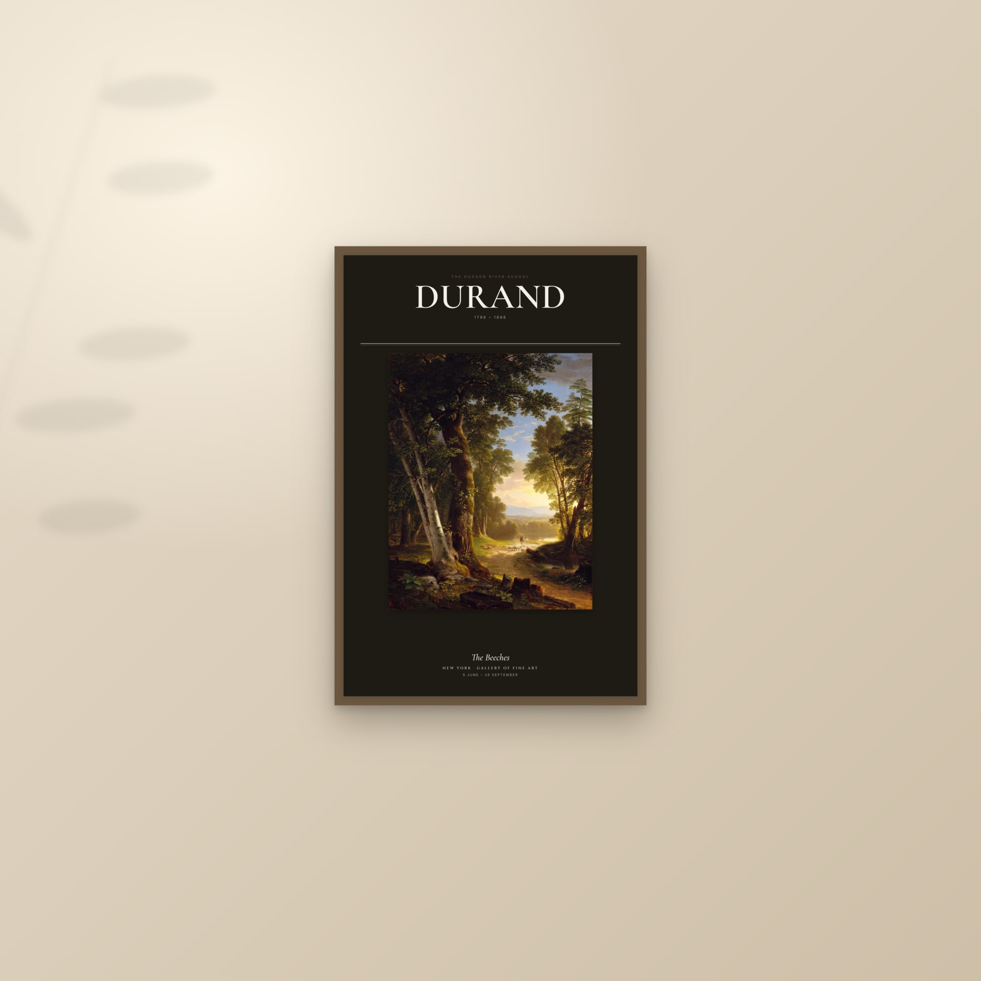 The Beeches — Exhibition Poster — framed and styled on a sunlit wall