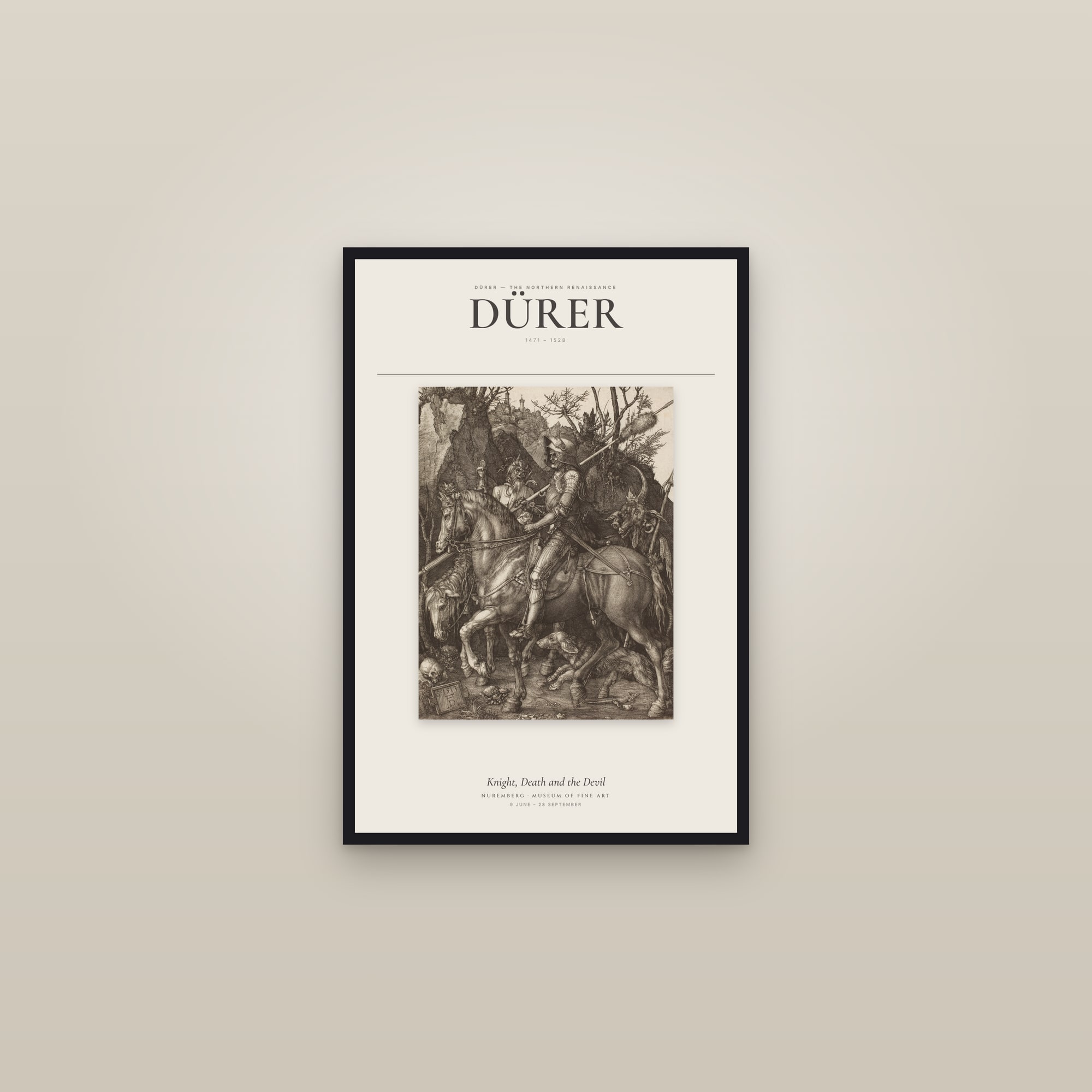 Knight, Death and the Devil — Exhibition Poster — framed in a gallery setting