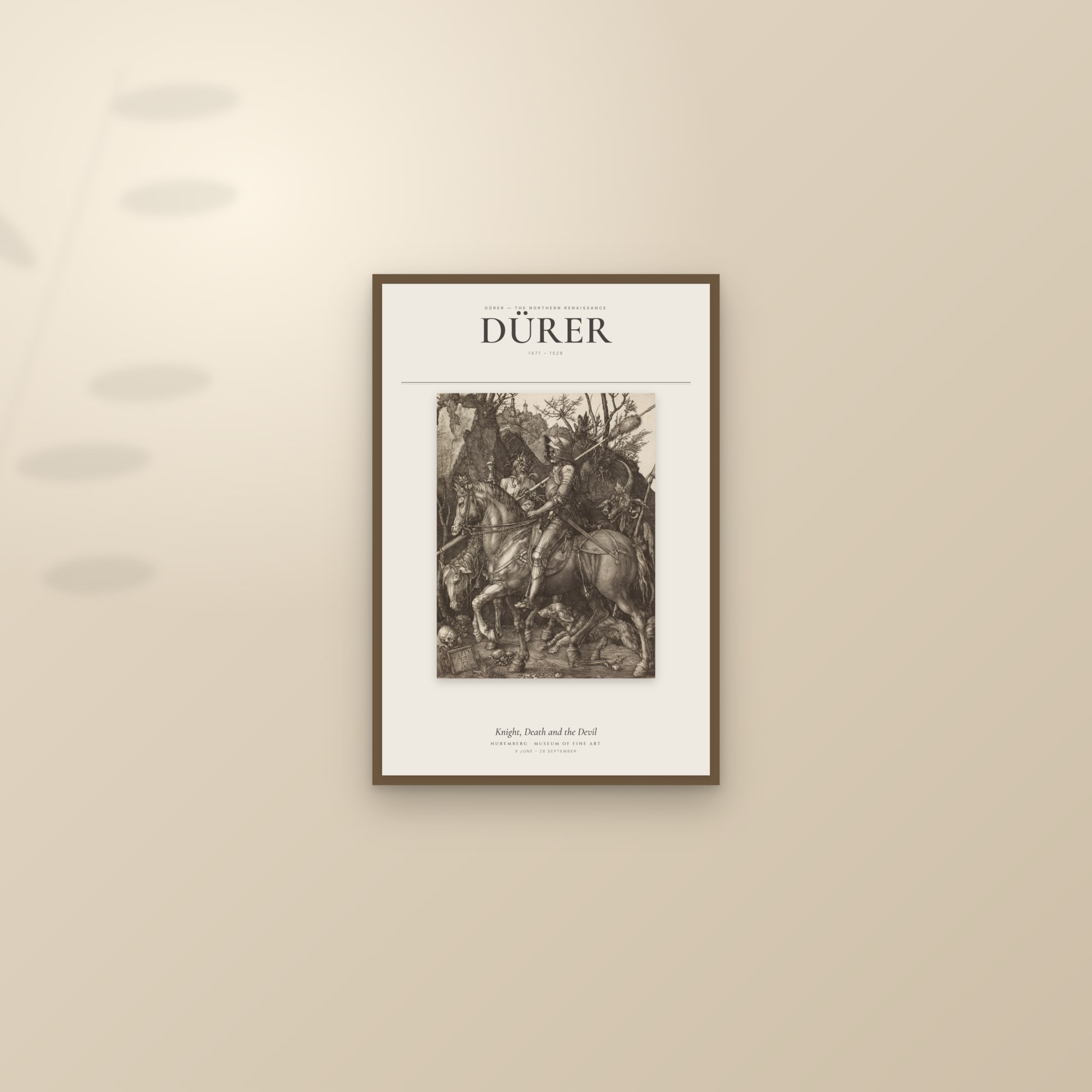 Knight, Death and the Devil — Exhibition Poster — framed and styled on a sunlit wall