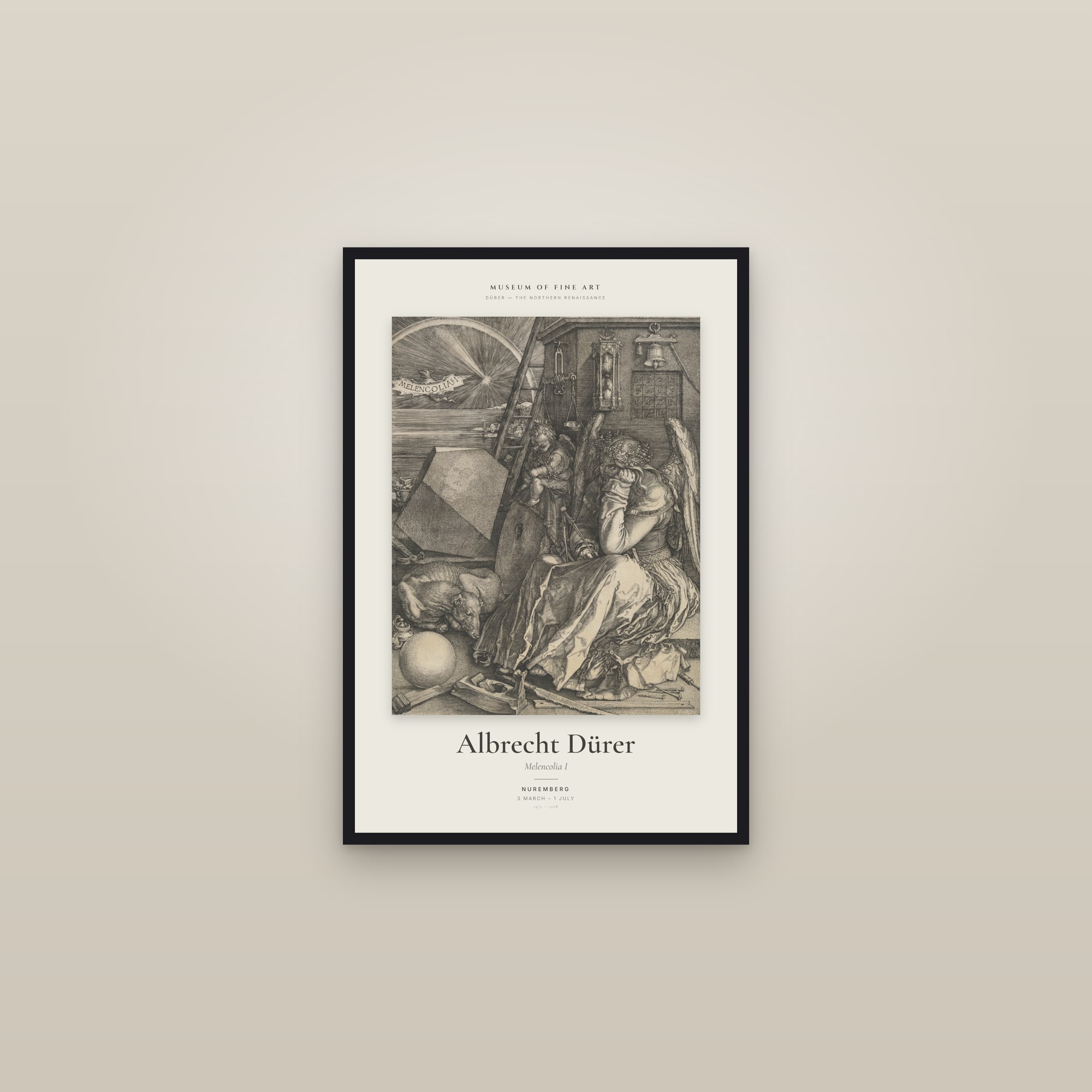 Melencolia I — Exhibition Poster — framed in a gallery setting