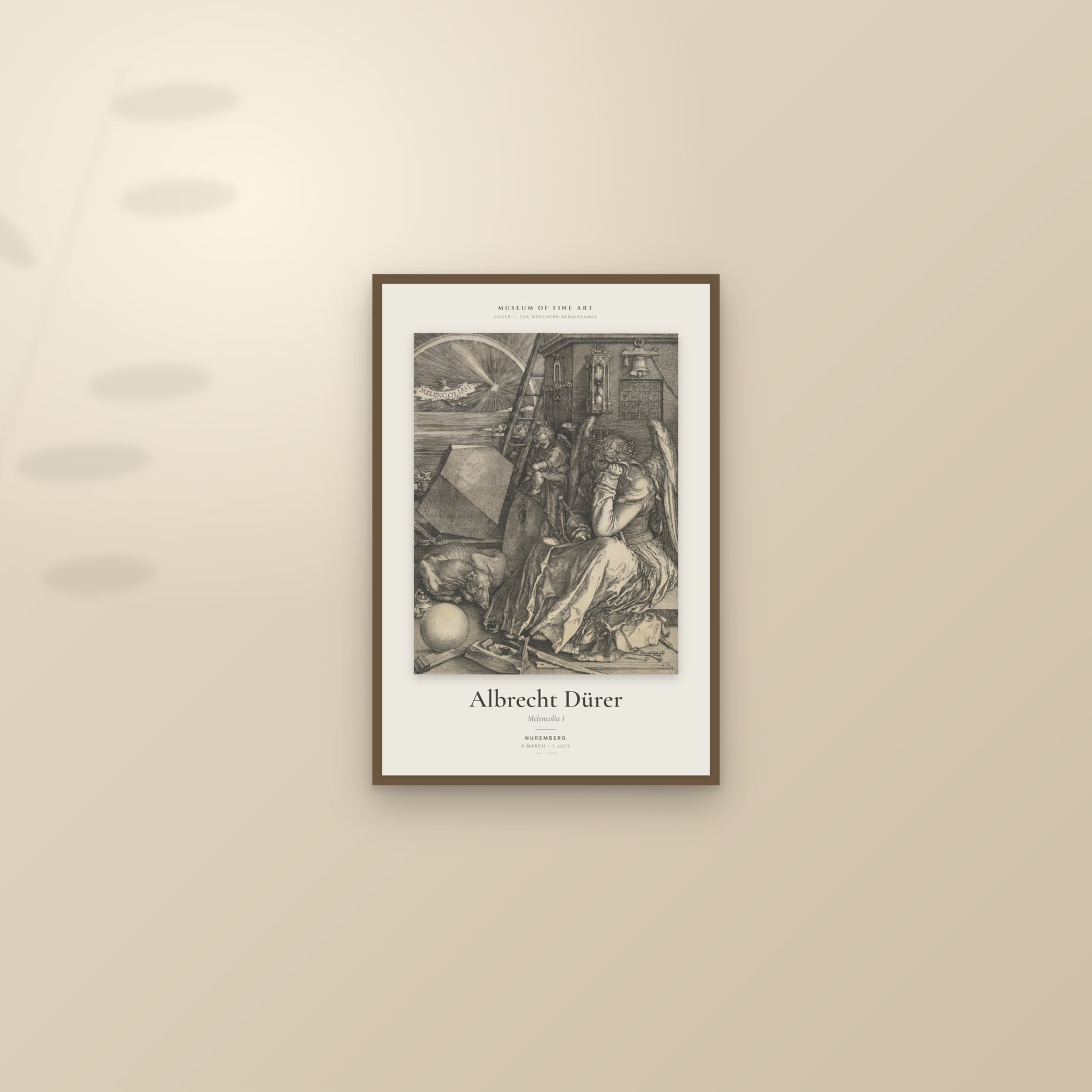 Melencolia I — Exhibition Poster — framed and styled on a sunlit wall