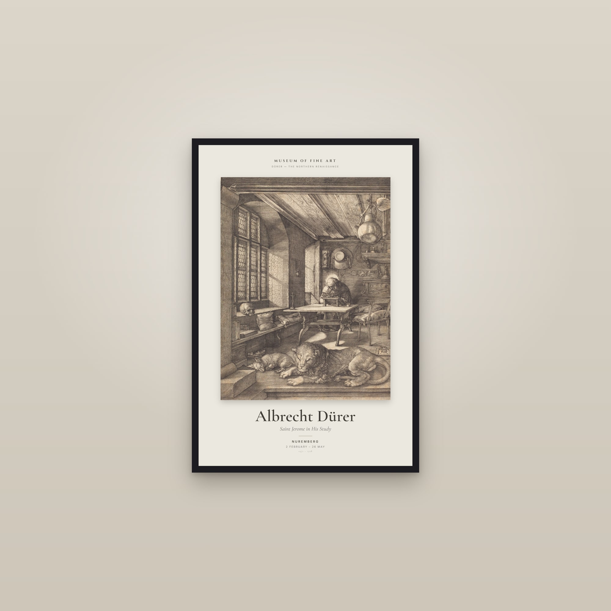 Saint Jerome in His Study (Durer) — Exhibition Poster — framed in a gallery setting