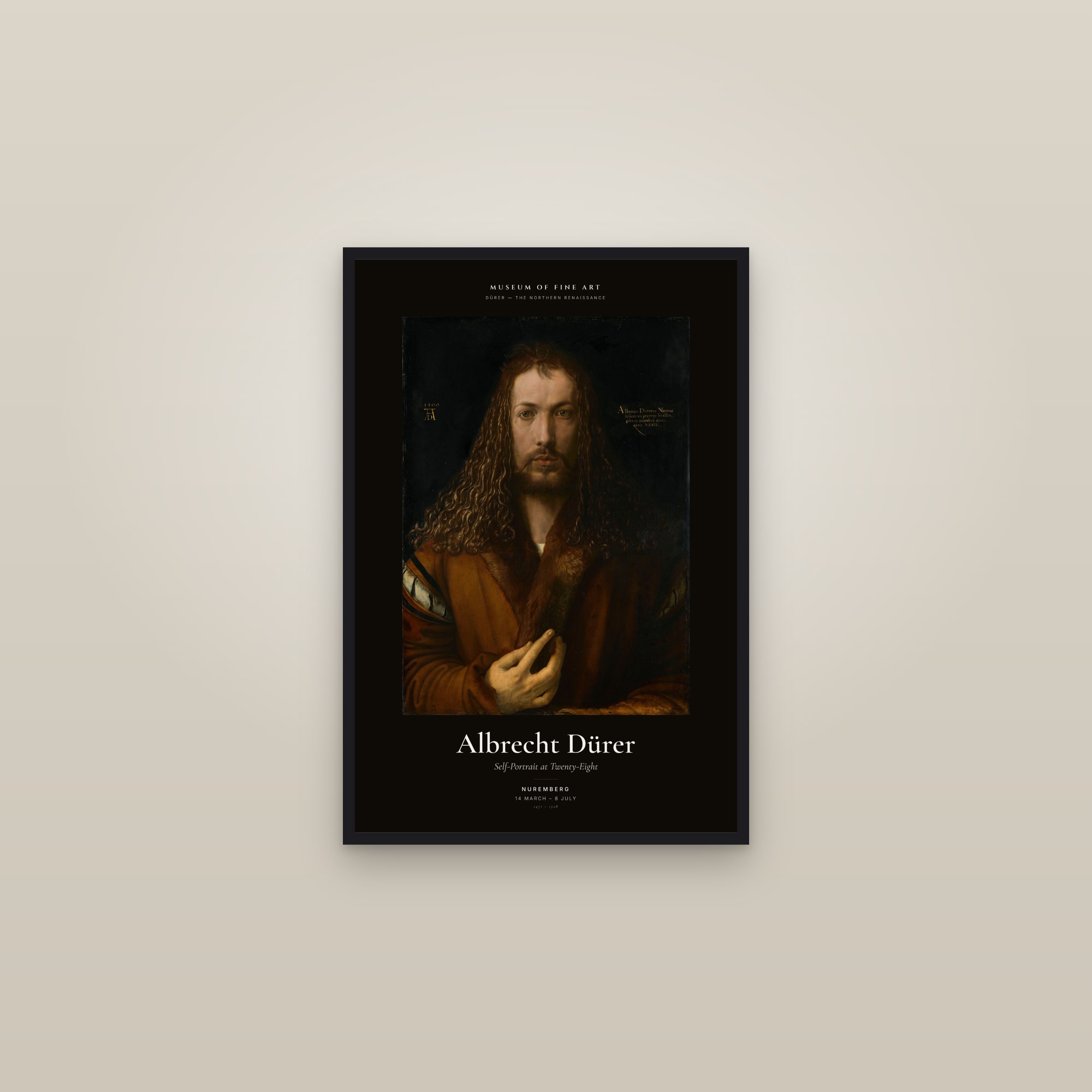 Self-Portrait at Twenty-Eight — Exhibition Poster — framed in a gallery setting