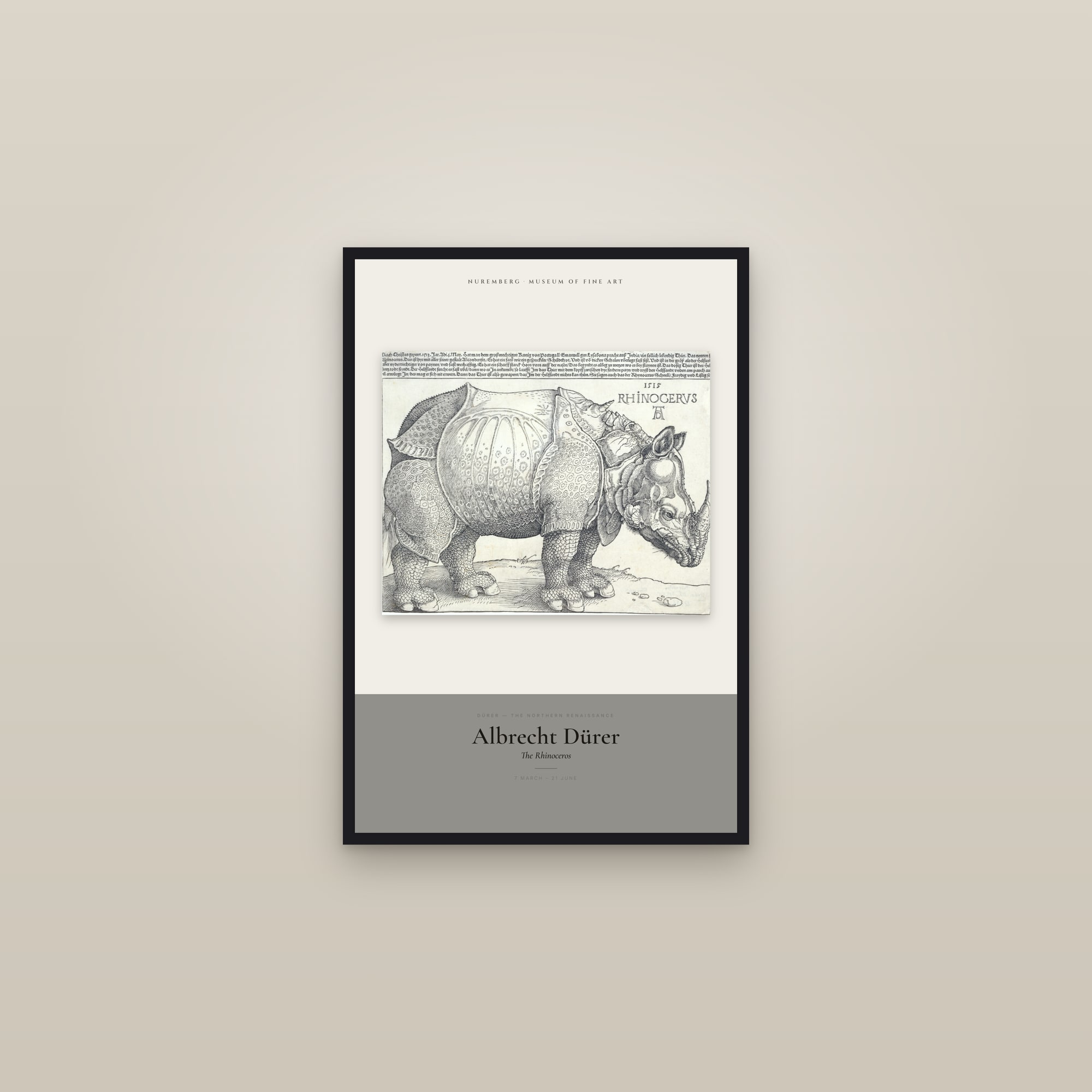 The Rhinoceros — Exhibition Poster — framed in a gallery setting
