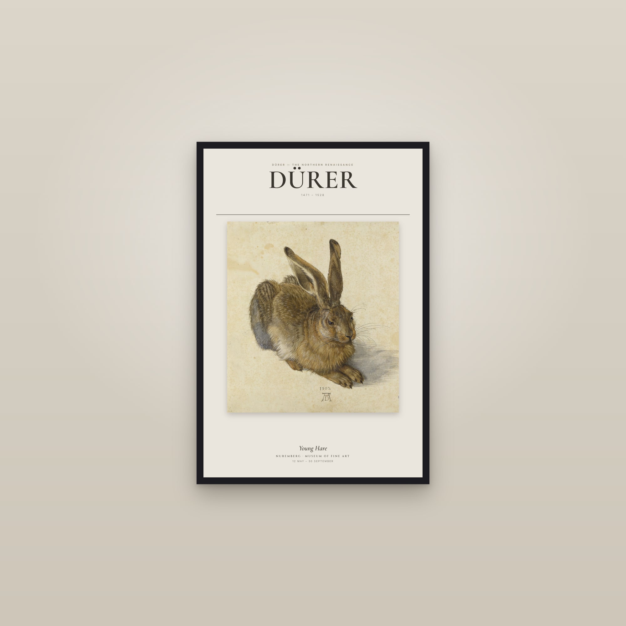 Young Hare — Exhibition Poster — framed in a gallery setting