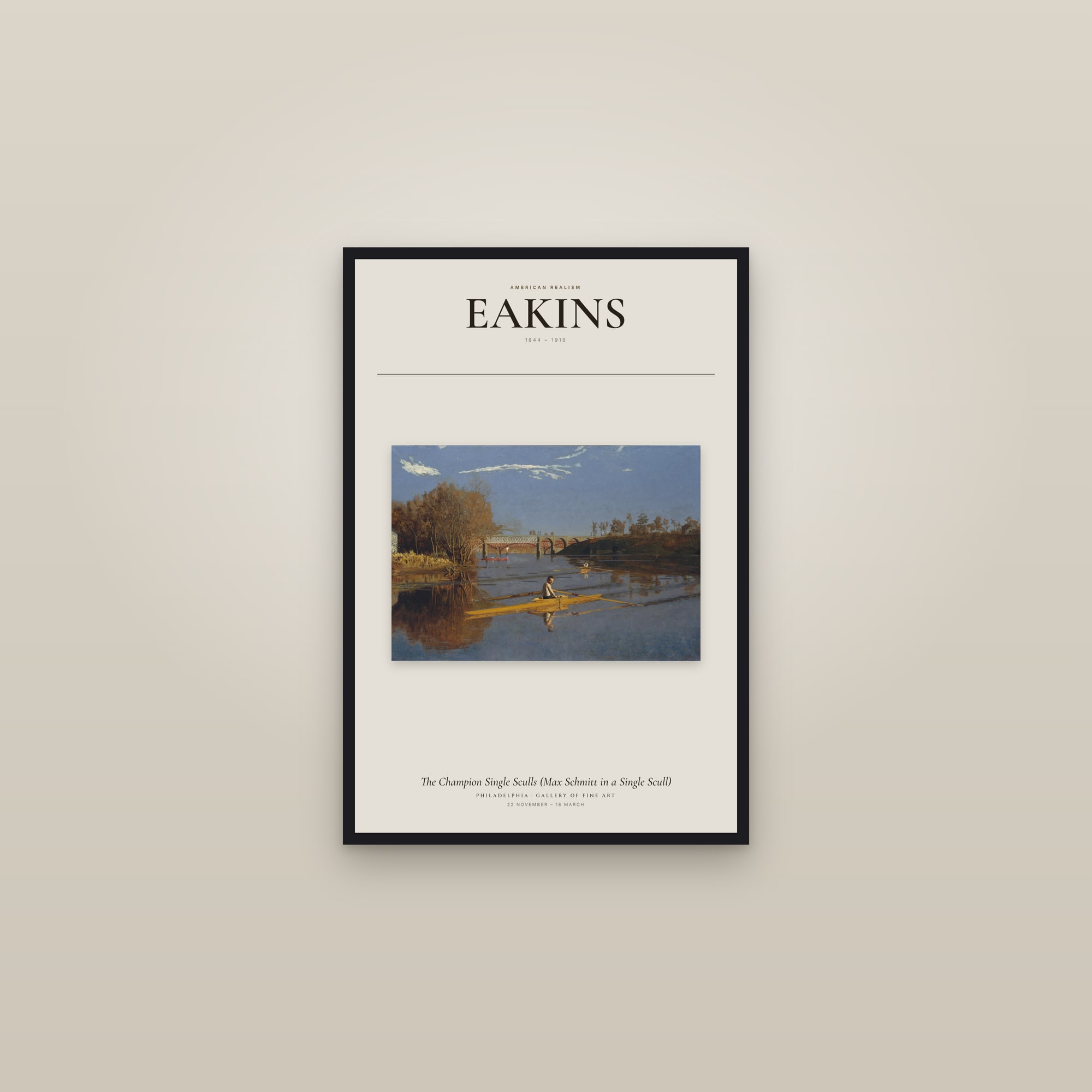 The Champion Single Sculls (Max Schmitt in a Single Scull) — Exhibition Poster — framed in a gallery setting