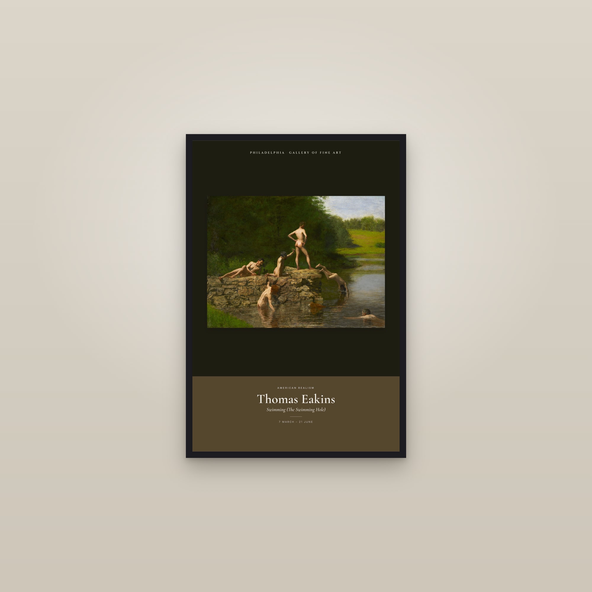 Swimming (The Swimming Hole) — Exhibition Poster — framed in a gallery setting