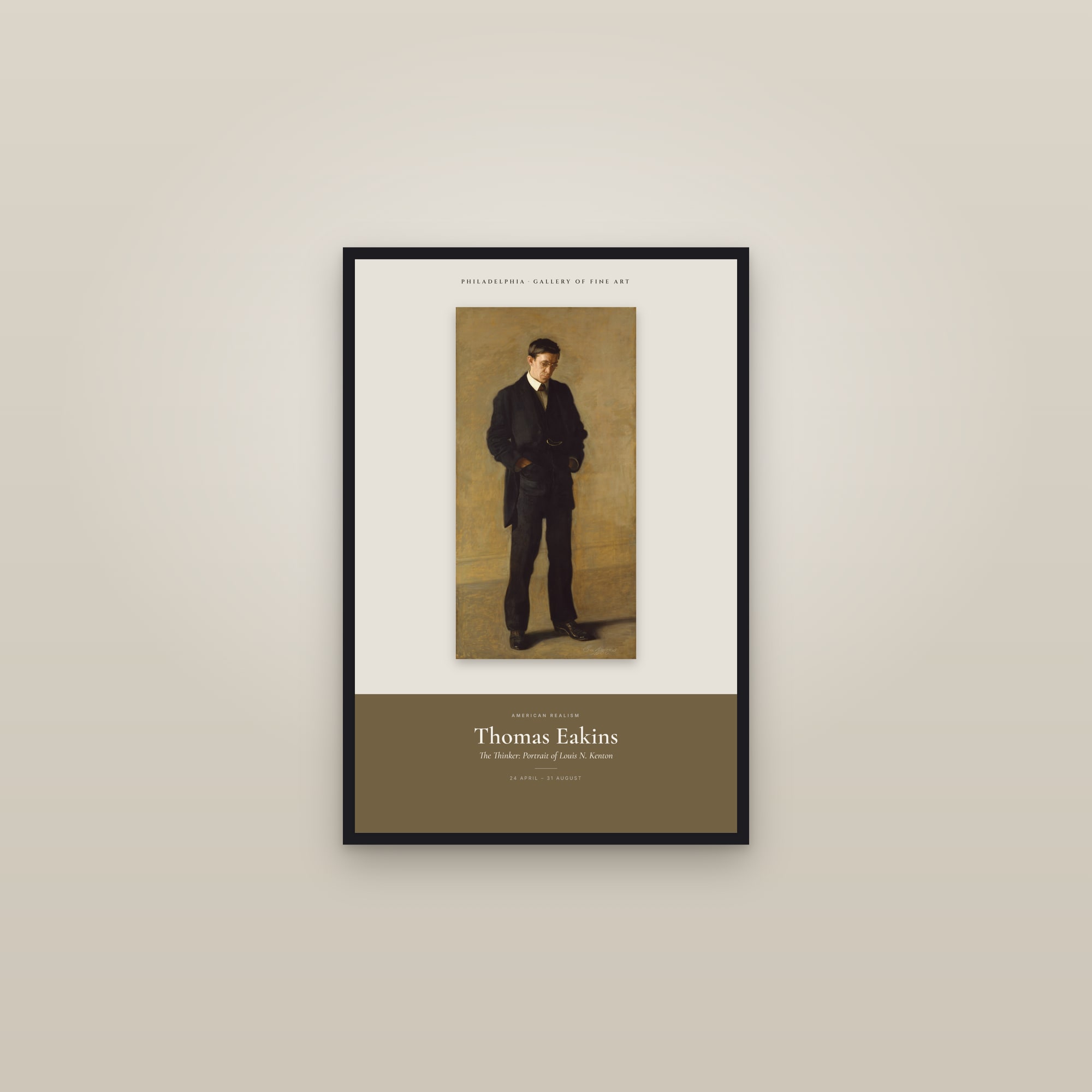 The Thinker: Portrait of Louis N. Kenton — Exhibition Poster — framed in a gallery setting