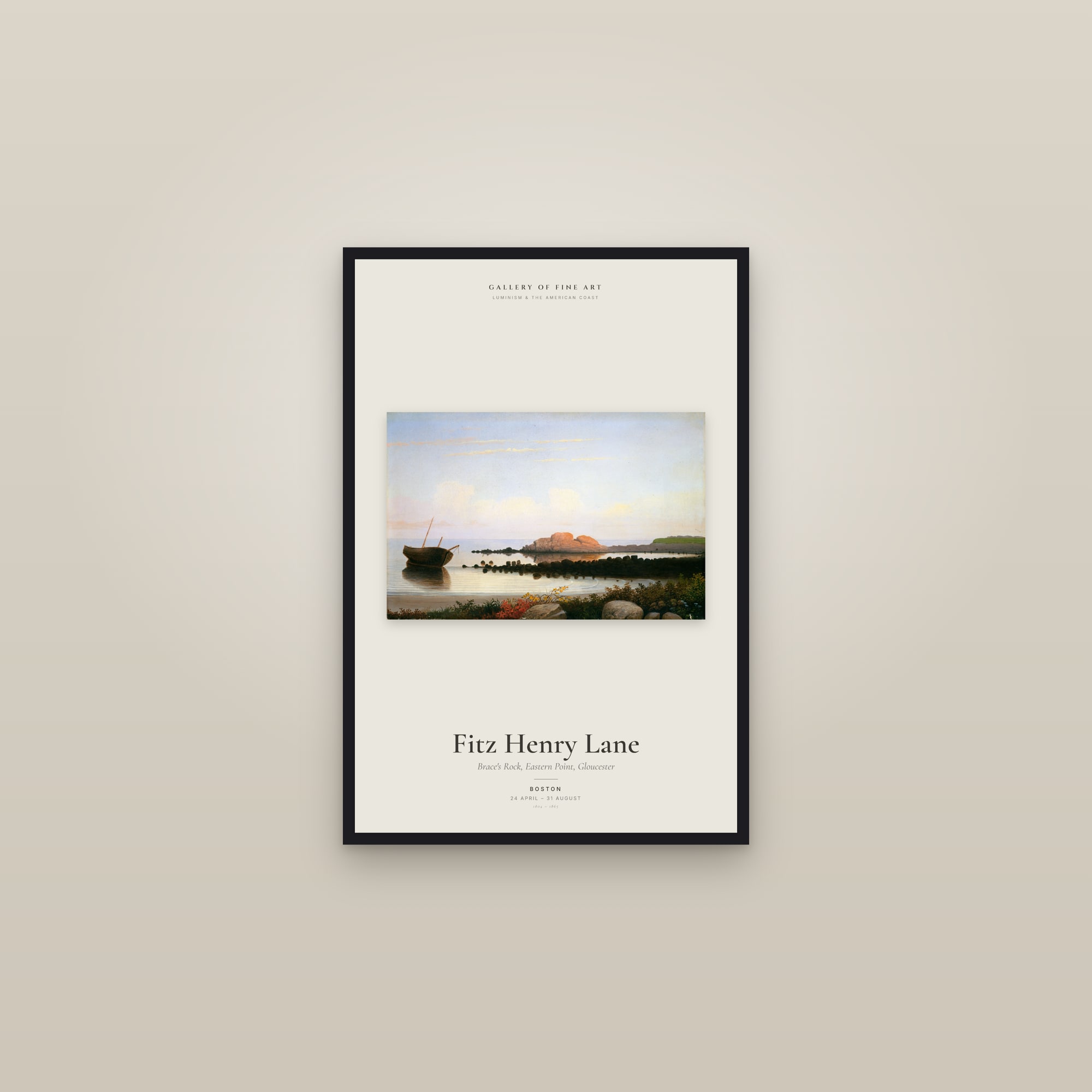 Brace's Rock, Eastern Point, Gloucester — Exhibition Poster — framed in a gallery setting