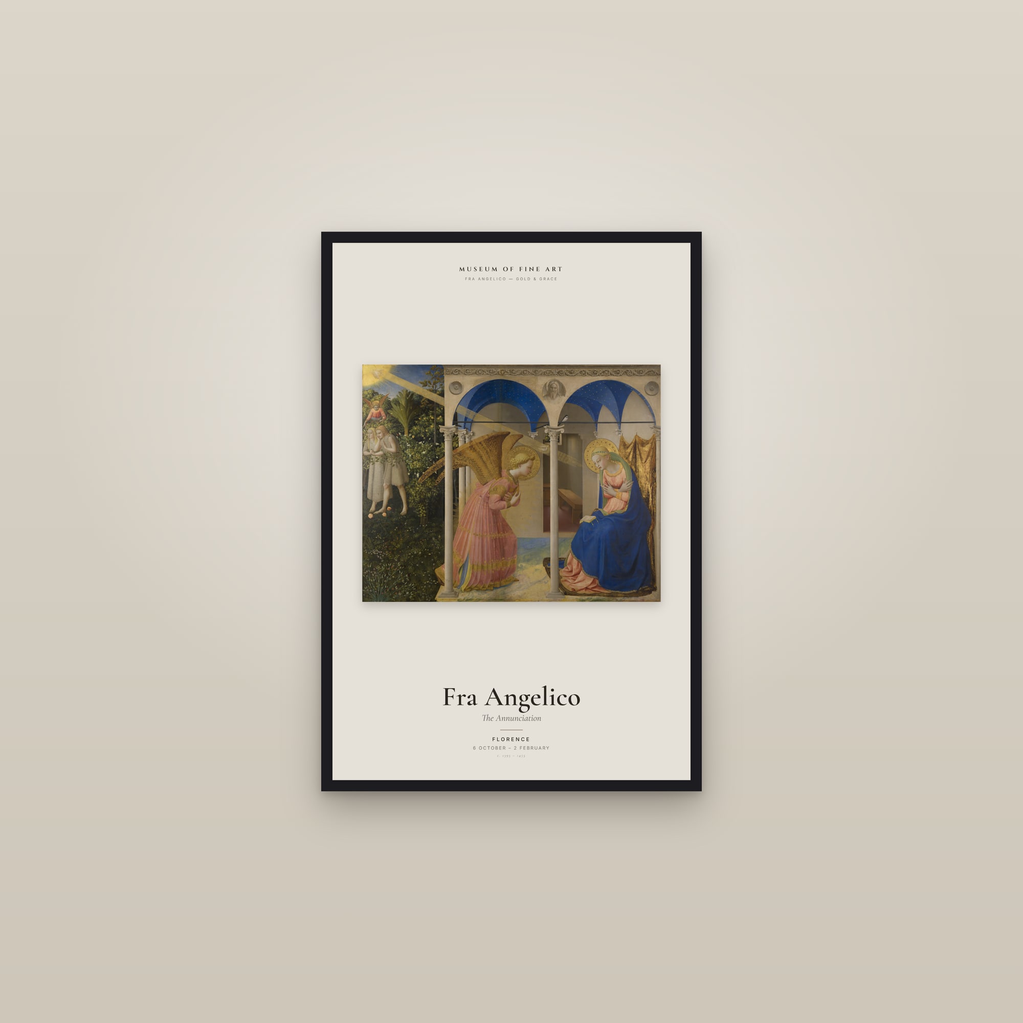 The Annunciation (Fra Angelico) — Exhibition Poster — framed in a gallery setting