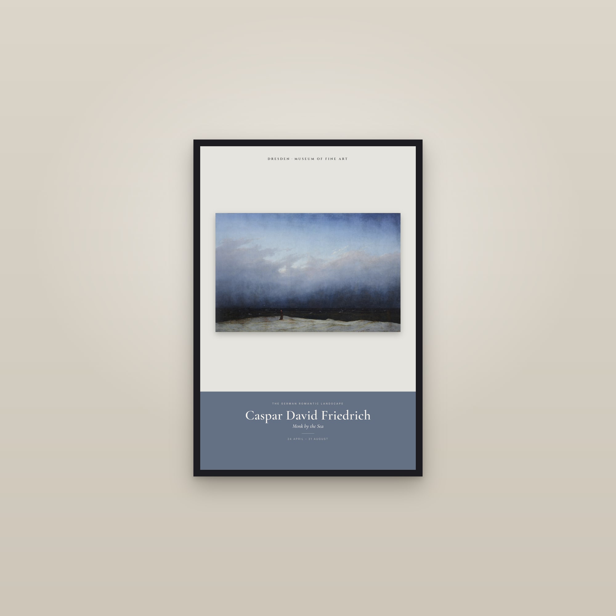Monk by the Sea — Exhibition Poster — framed in a gallery setting