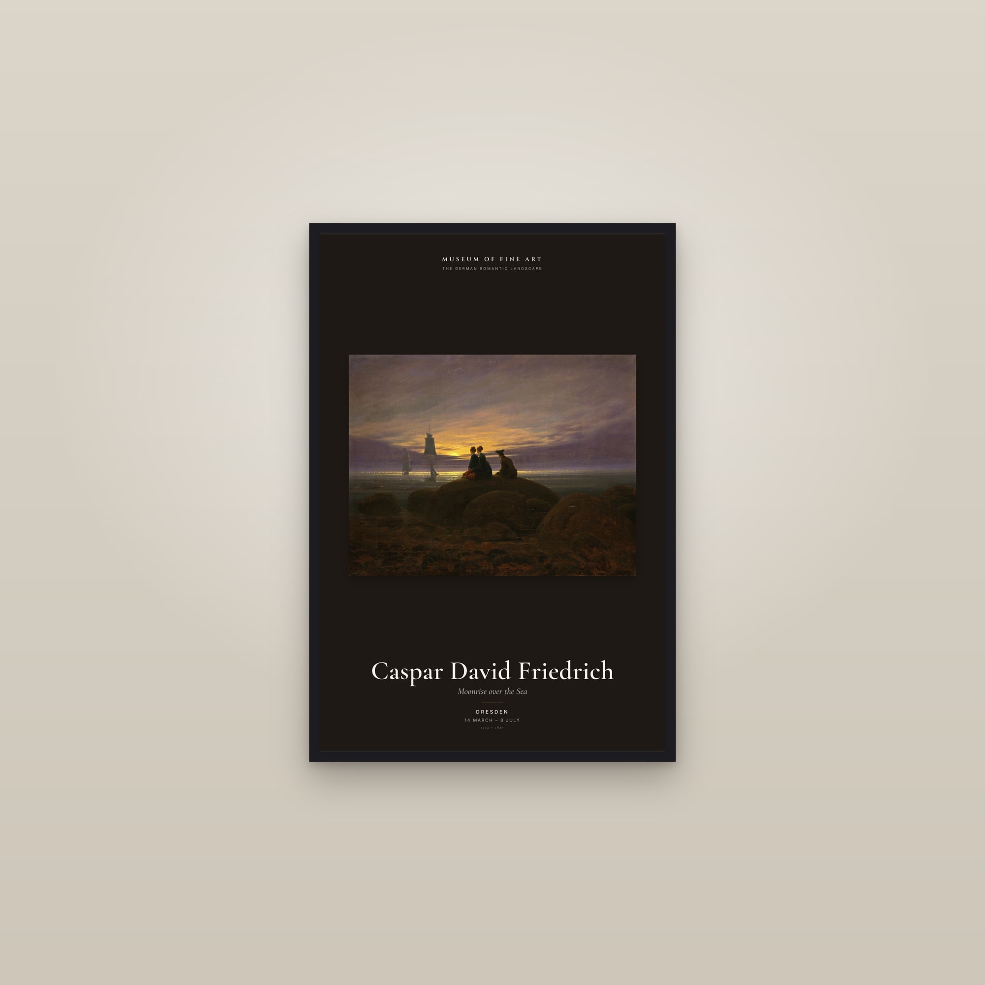 Moonrise over the Sea — Exhibition Poster — framed in a gallery setting