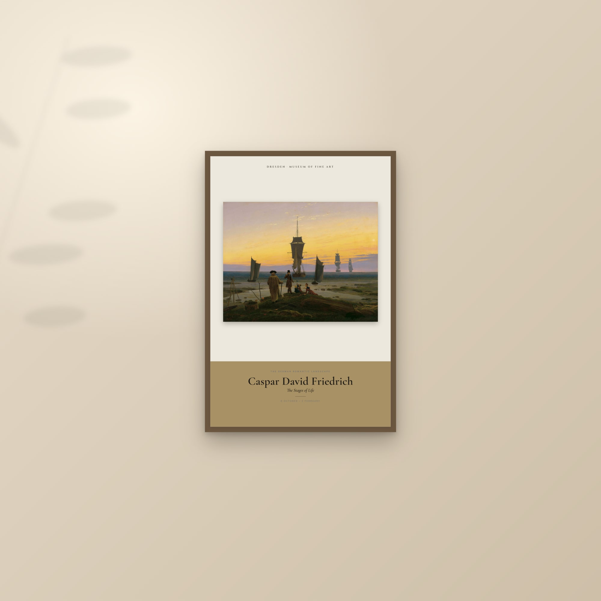The Stages of Life — Exhibition Poster — framed and styled on a sunlit wall