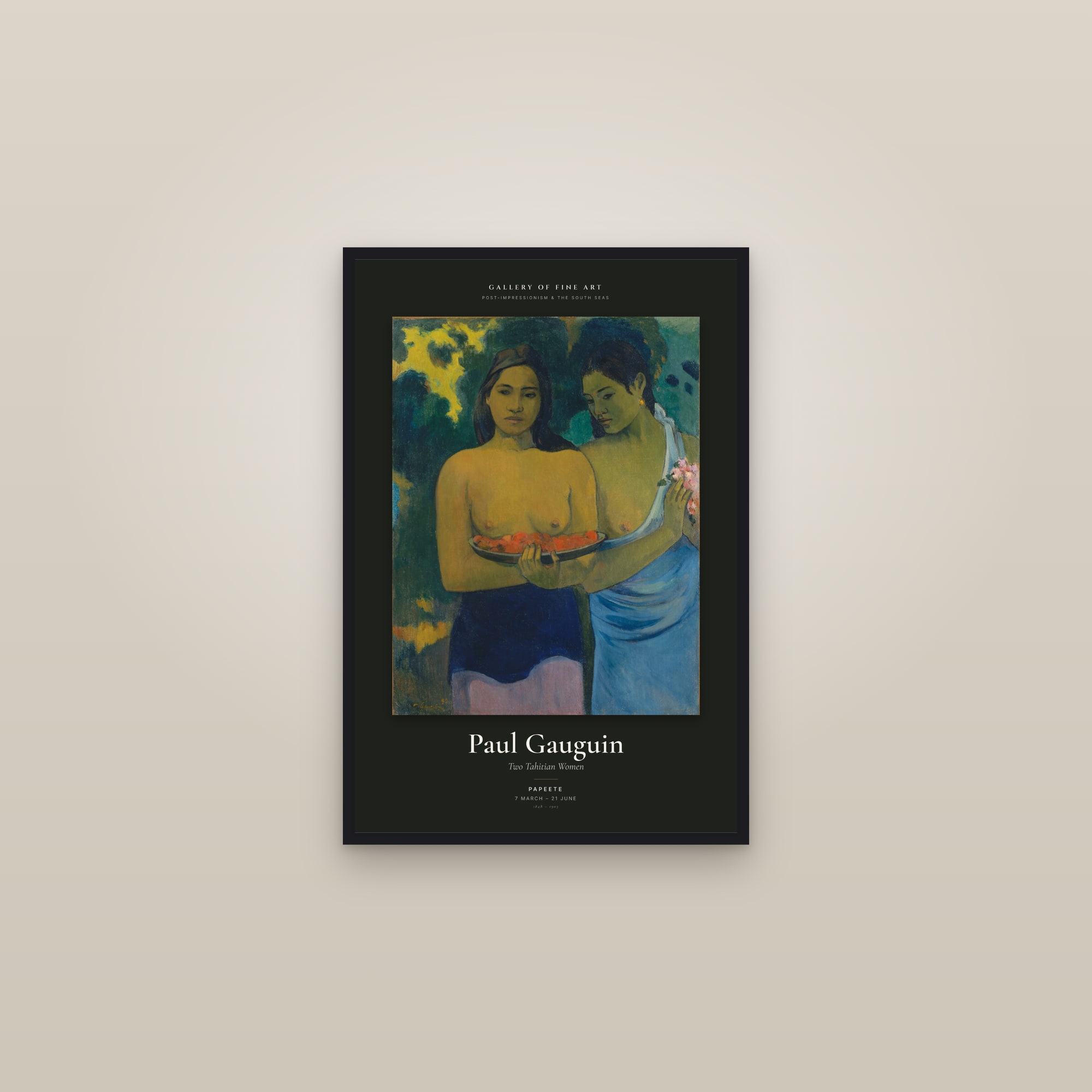 Two Tahitian Women — Exhibition Poster — framed in a gallery setting