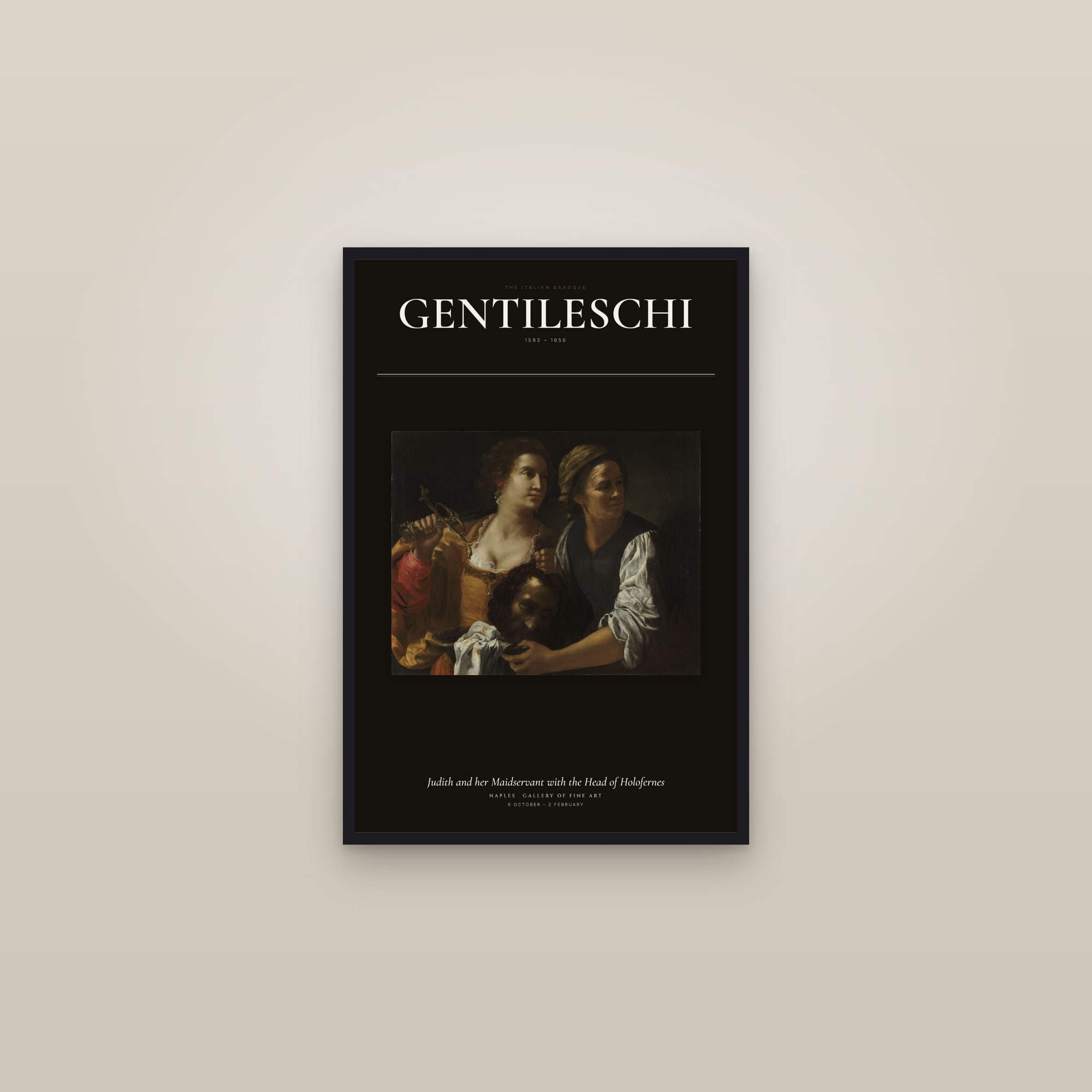 Judith and her Maidservant with the Head of Holofernes — Exhibition Poster — framed in a gallery setting