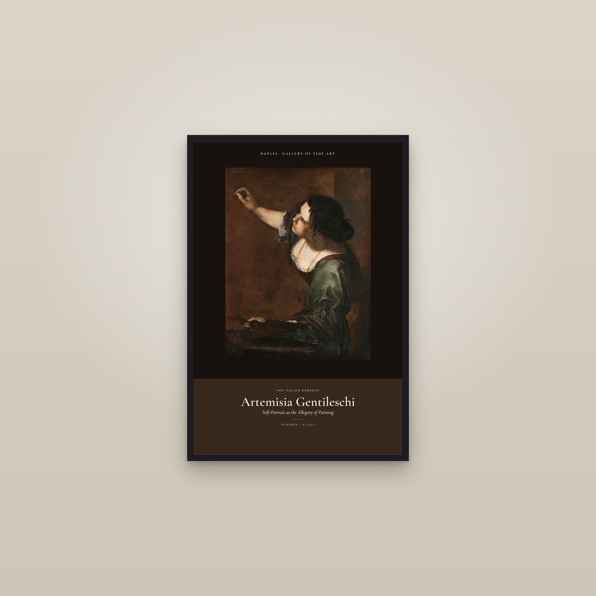 Self-Portrait as the Allegory of Painting — Exhibition Poster — framed in a gallery setting