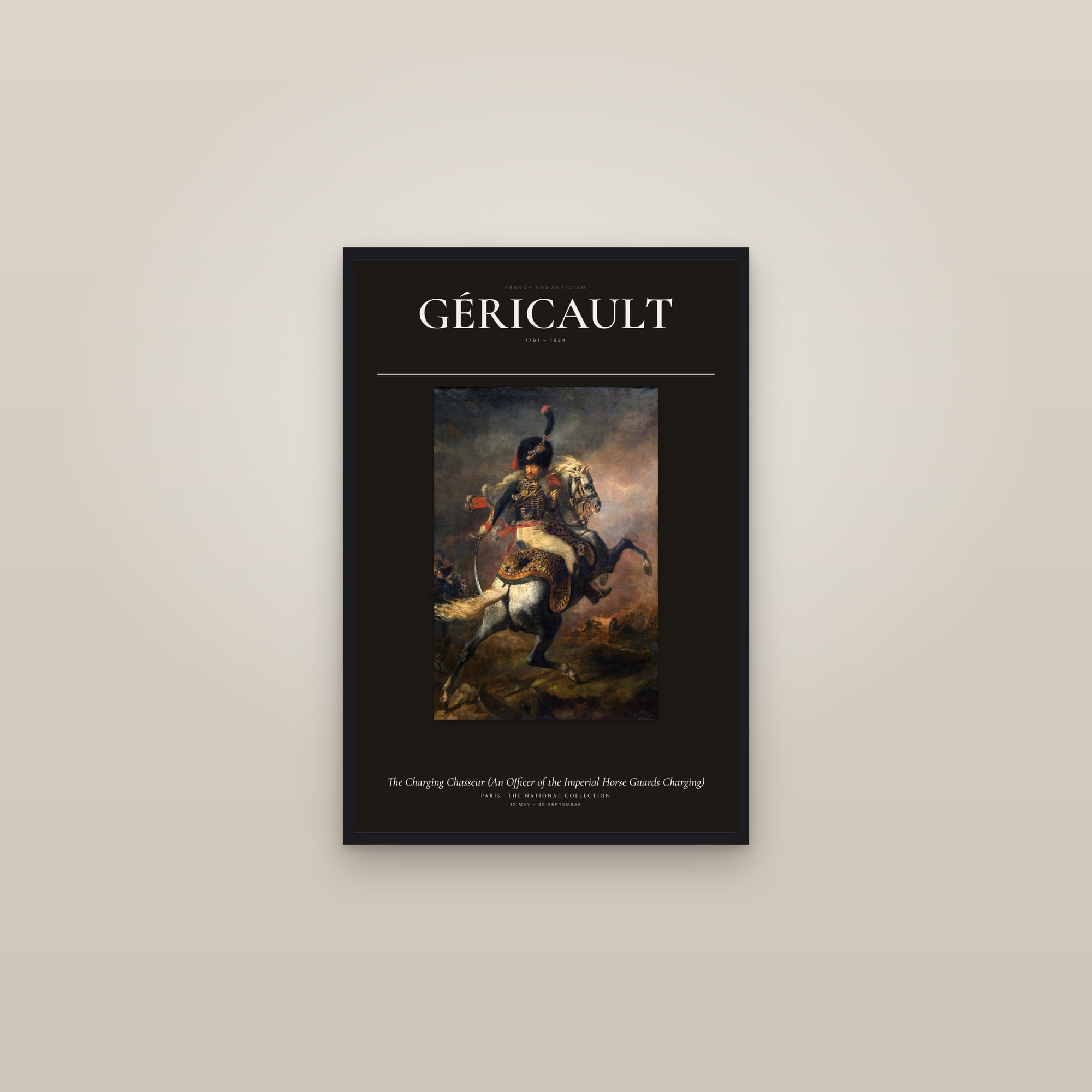 The Charging Chasseur (An Officer of the Imperial Horse Guards Charging) — Exhibition Poster — framed in a gallery setting