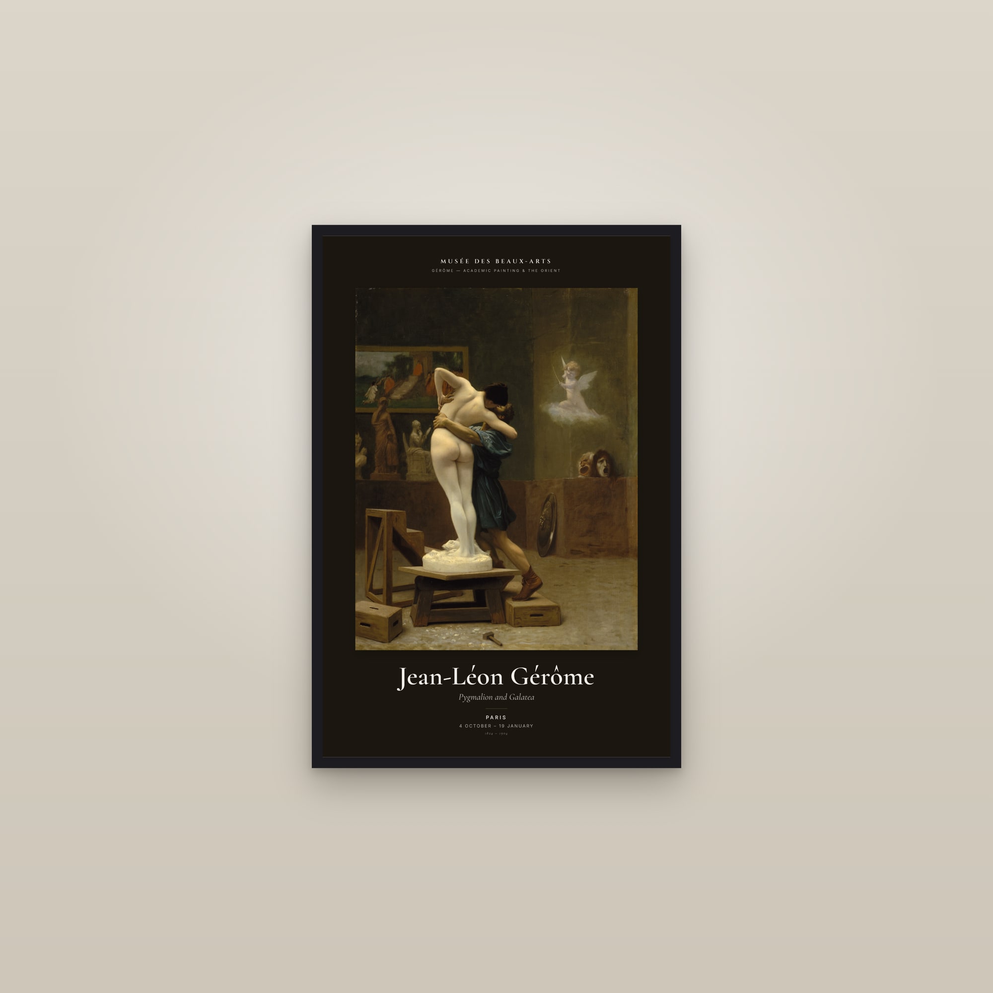 Pygmalion and Galatea — Exhibition Poster — framed in a gallery setting