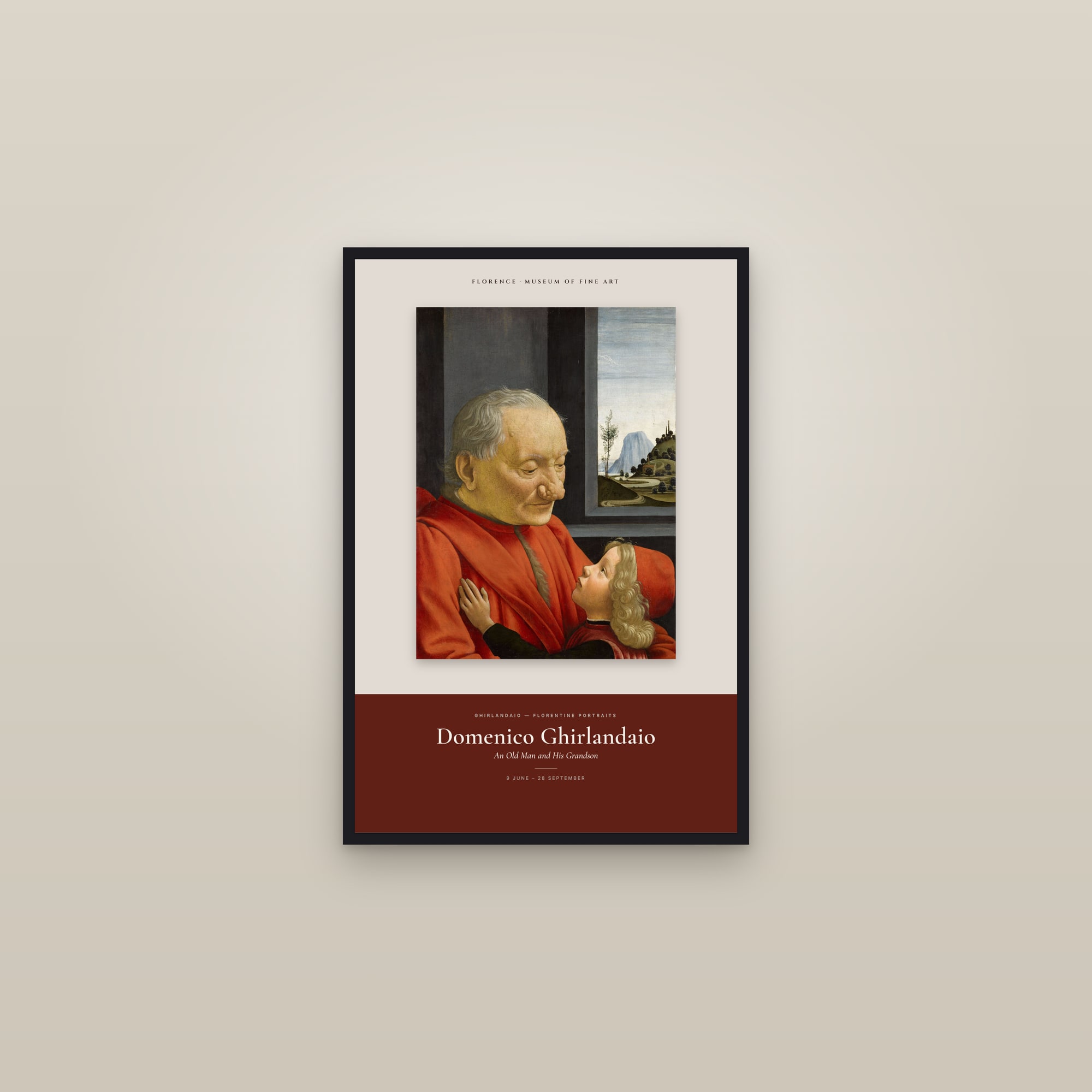 An Old Man and His Grandson — Exhibition Poster — framed in a gallery setting