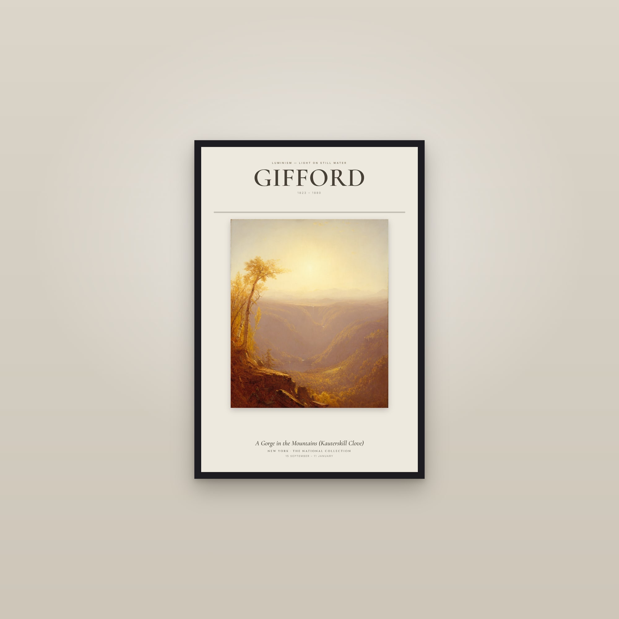A Gorge in the Mountains (Kauterskill Clove) — Exhibition Poster — framed in a gallery setting