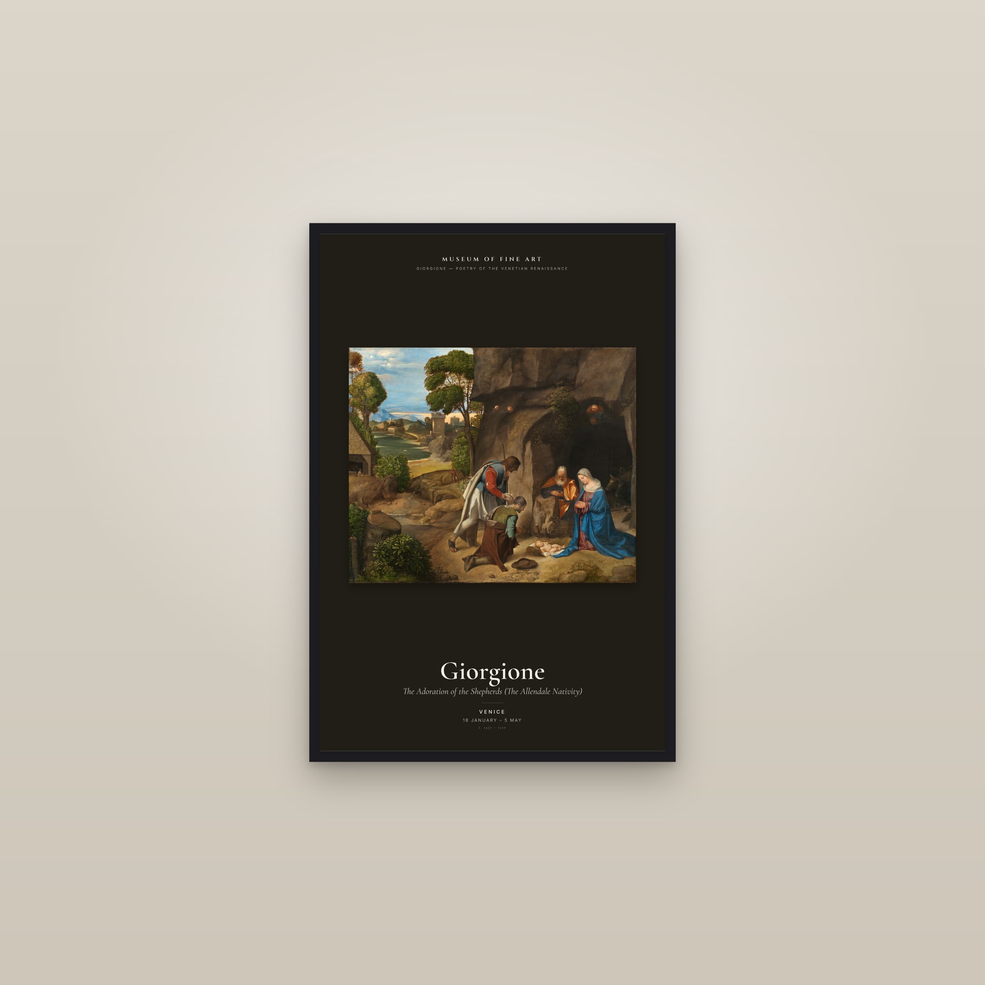 The Adoration of the Shepherds (The Allendale Nativity) — Exhibition Poster — framed in a gallery setting