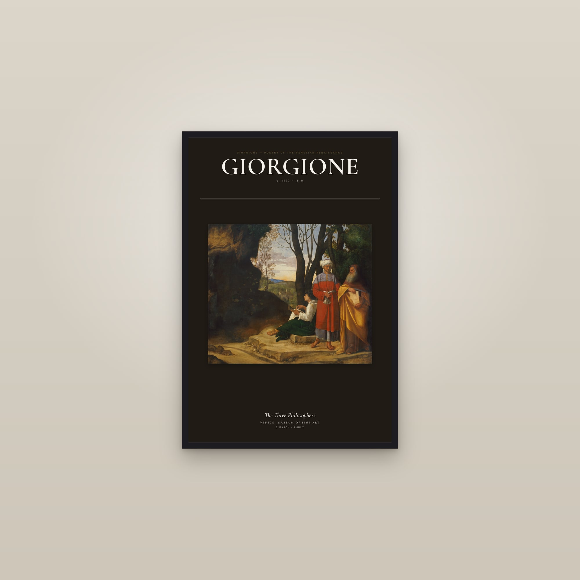 The Three Philosophers — Exhibition Poster — framed in a gallery setting