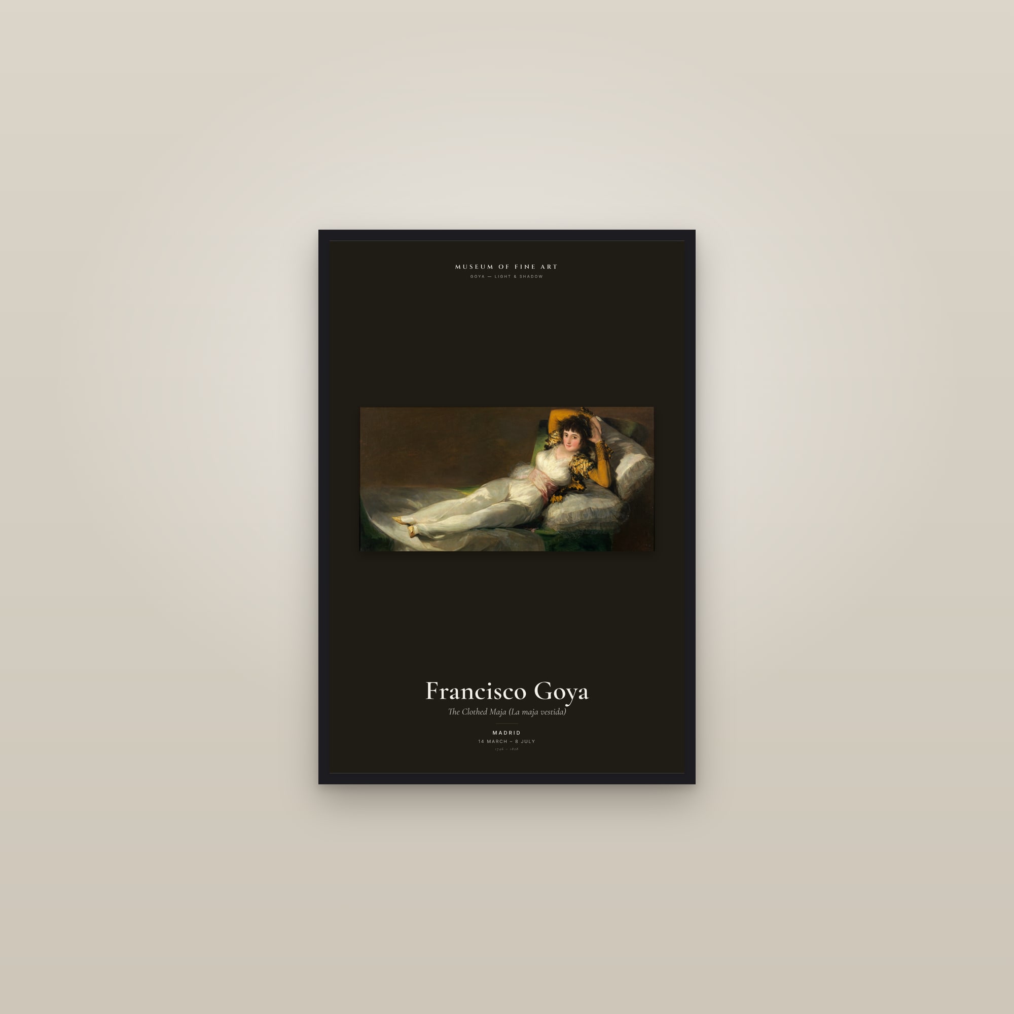 The Clothed Maja (La maja vestida) — Exhibition Poster — framed in a gallery setting
