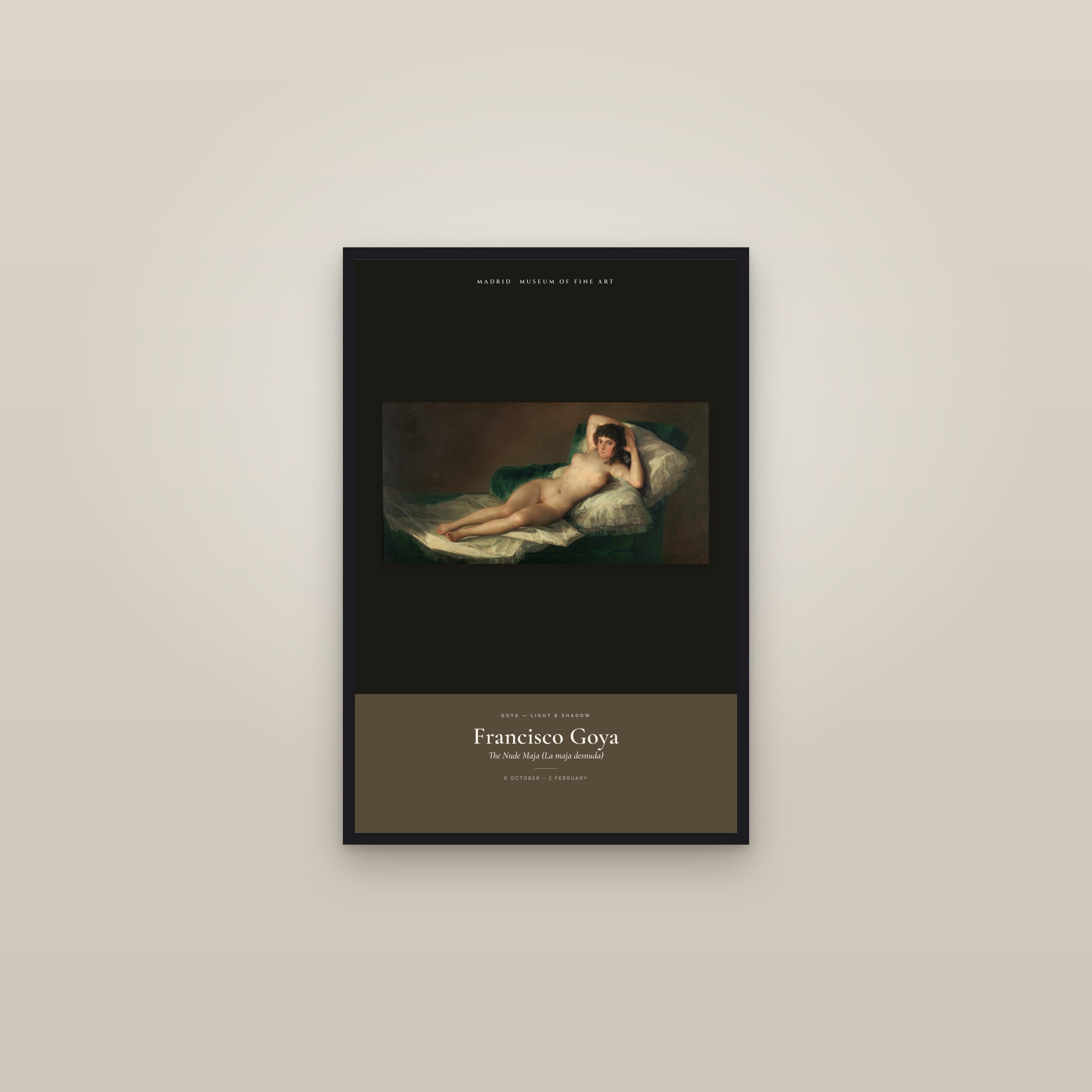 The Nude Maja (La maja desnuda) — Exhibition Poster — framed in a gallery setting