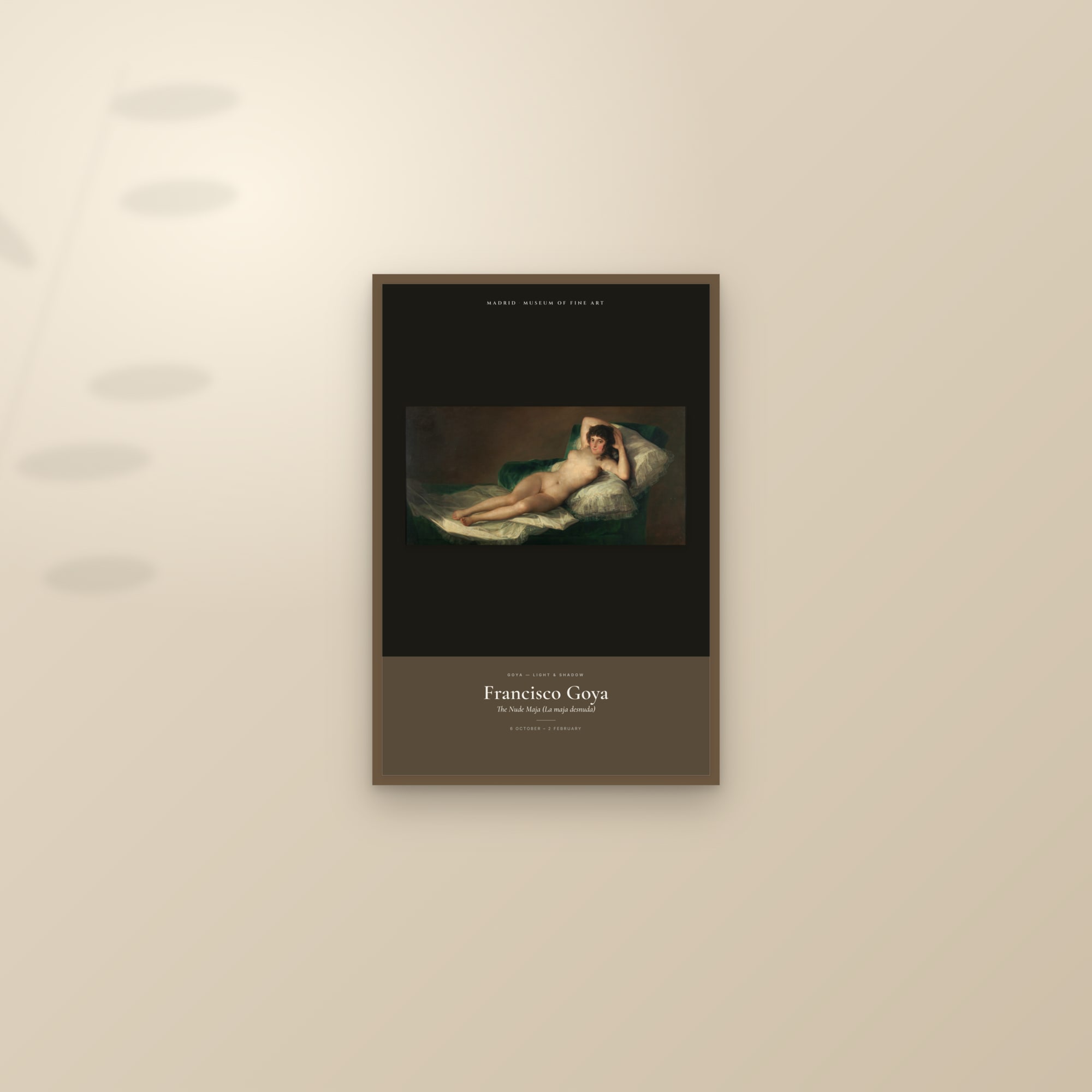 The Nude Maja (La maja desnuda) — Exhibition Poster — framed and styled on a sunlit wall
