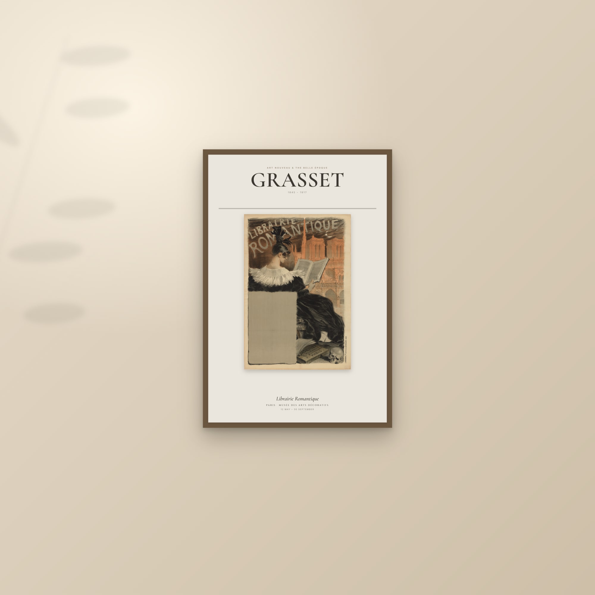 Librairie Romantique — Exhibition Poster — framed and styled on a sunlit wall