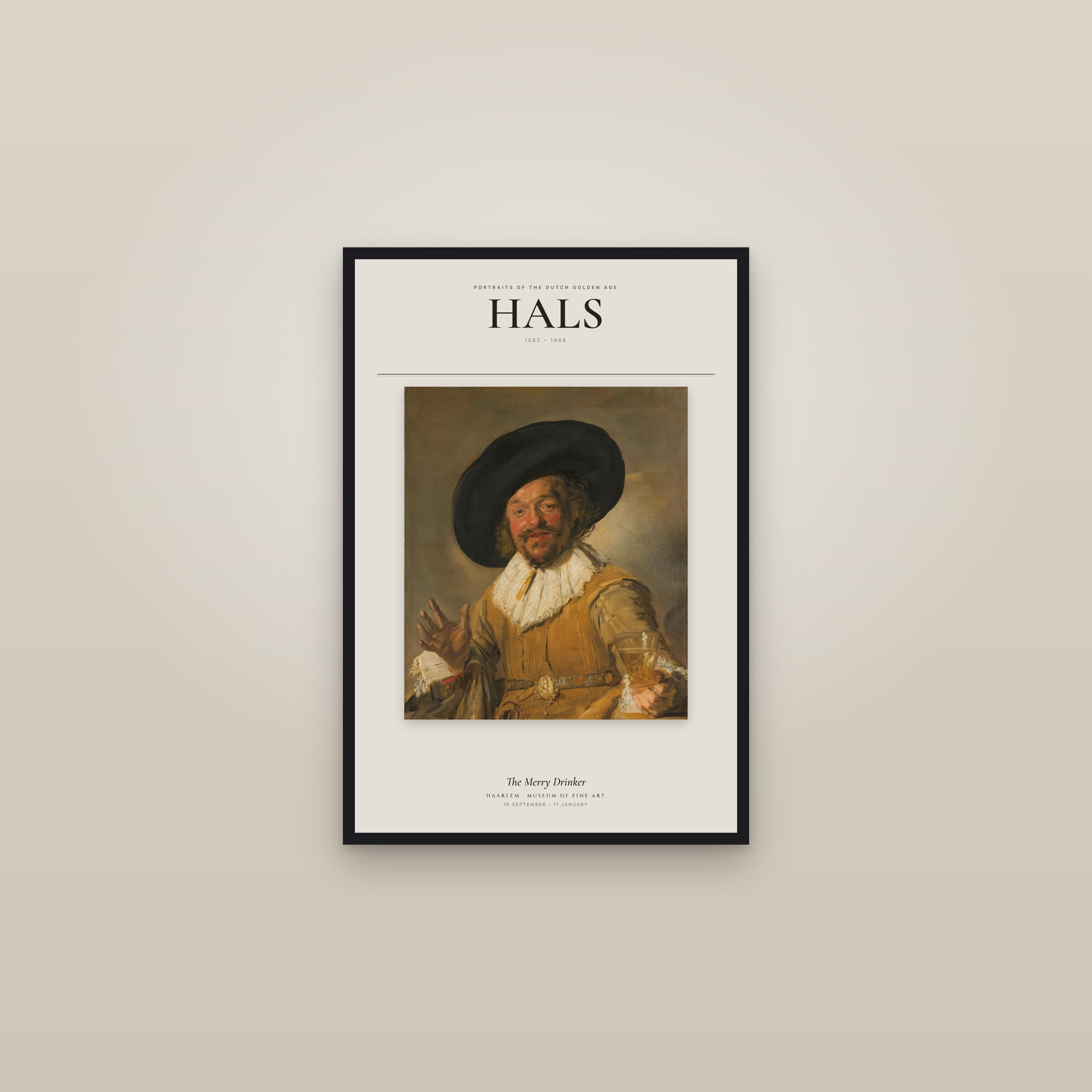 The Merry Drinker — Exhibition Poster — framed in a gallery setting