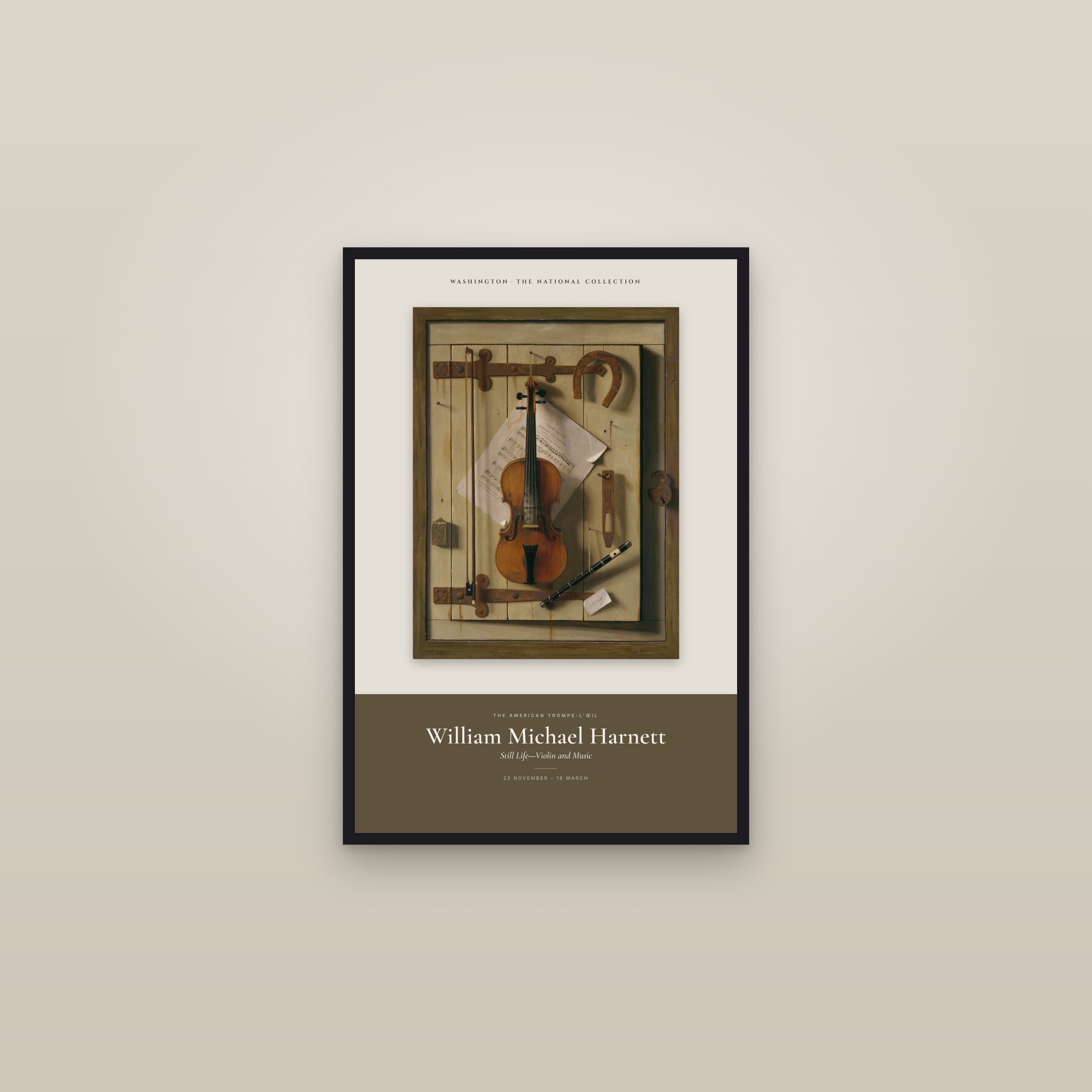 Still Life—Violin and Music — Exhibition Poster — framed in a gallery setting