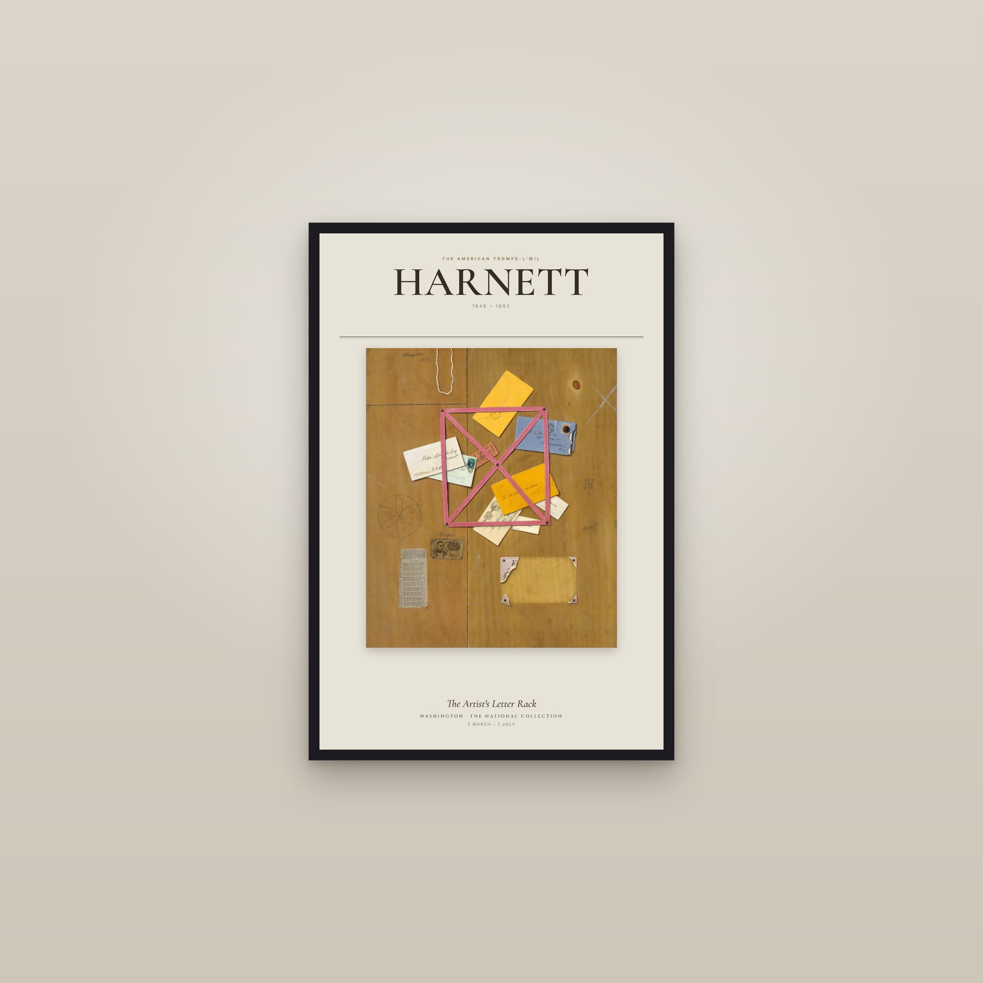 The Artist's Letter Rack — Exhibition Poster — framed in a gallery setting