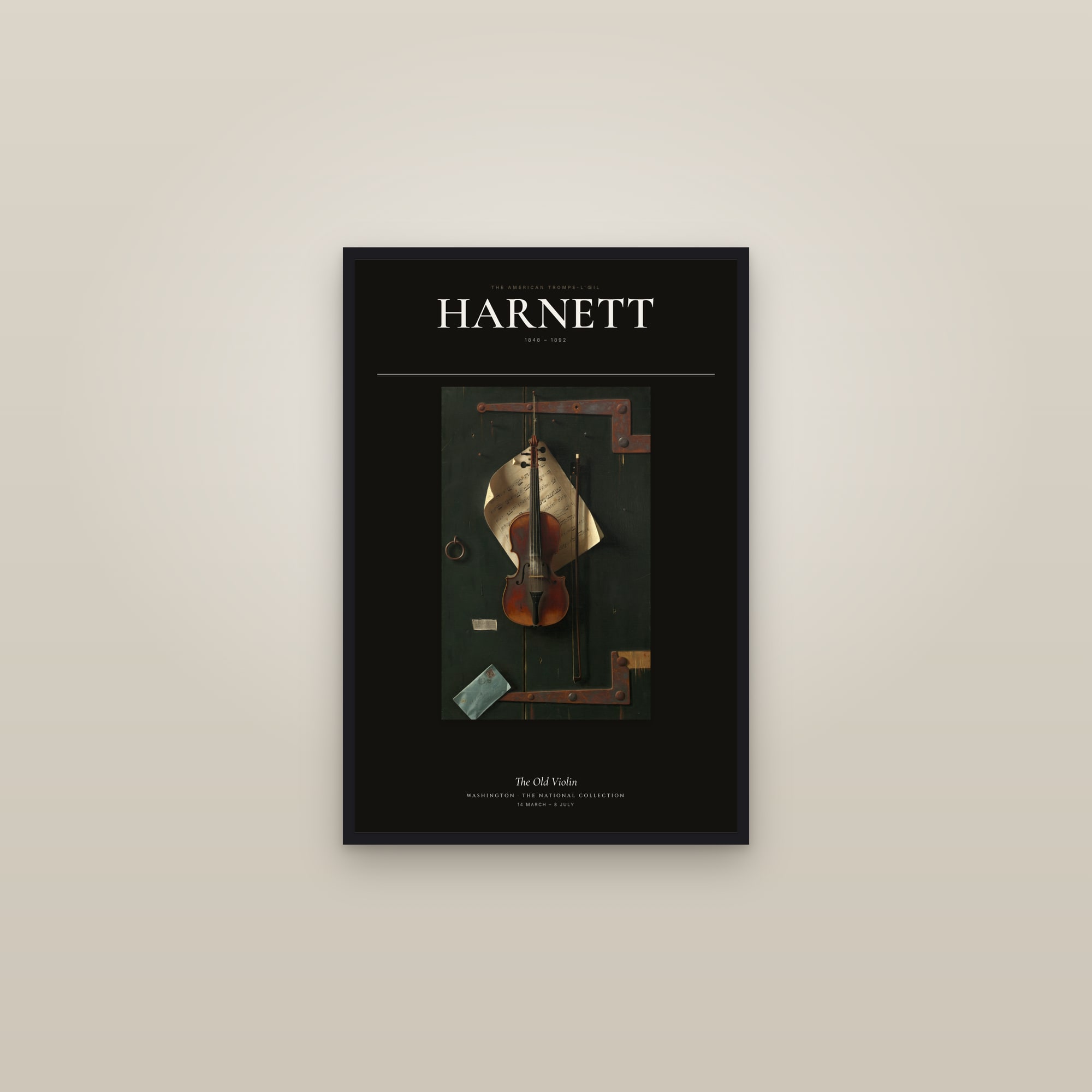 The Old Violin (Harnett) — Exhibition Poster — framed in a gallery setting