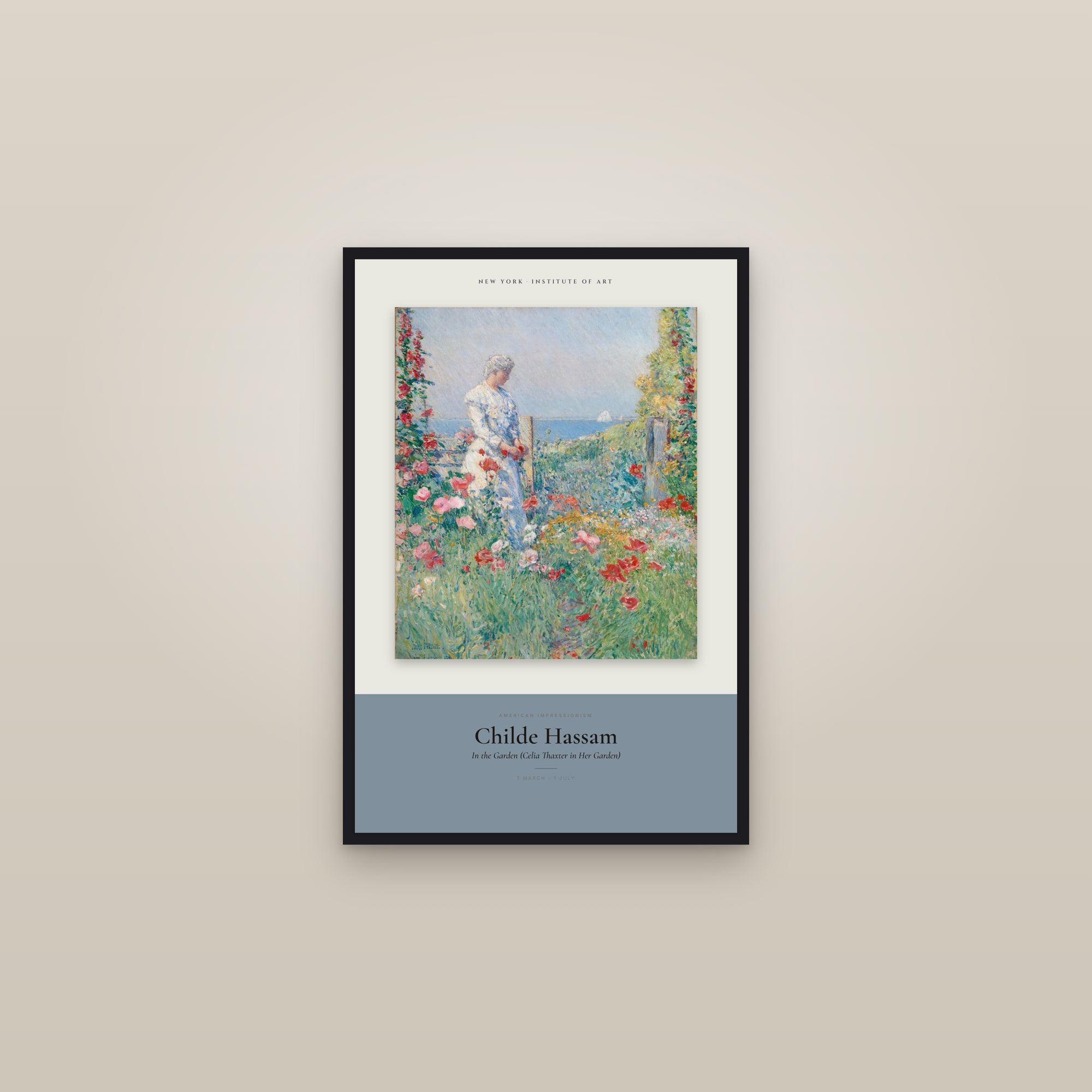 In the Garden (Celia Thaxter in Her Garden) — Exhibition Poster — framed in a gallery setting