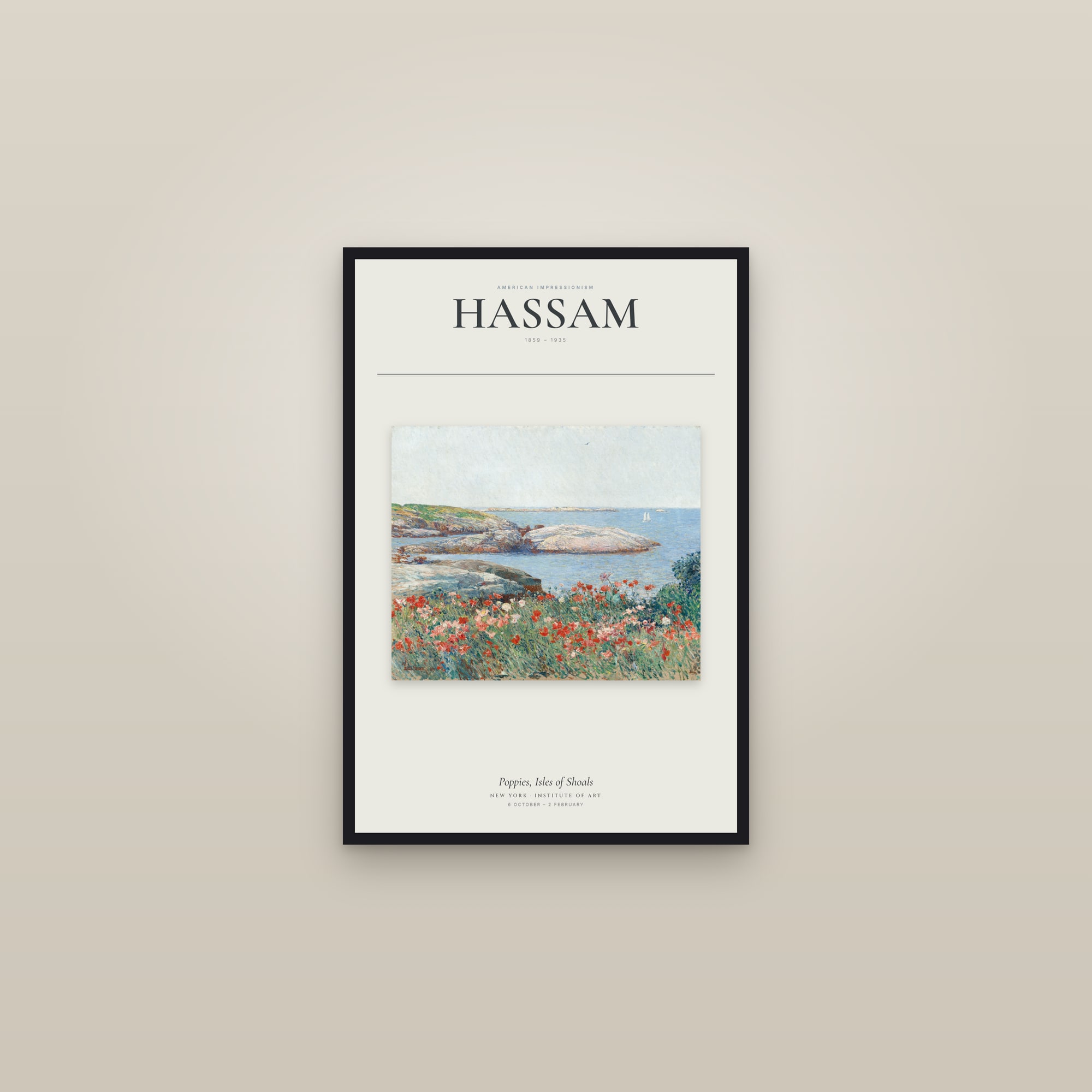 Poppies, Isles of Shoals — Exhibition Poster — framed in a gallery setting