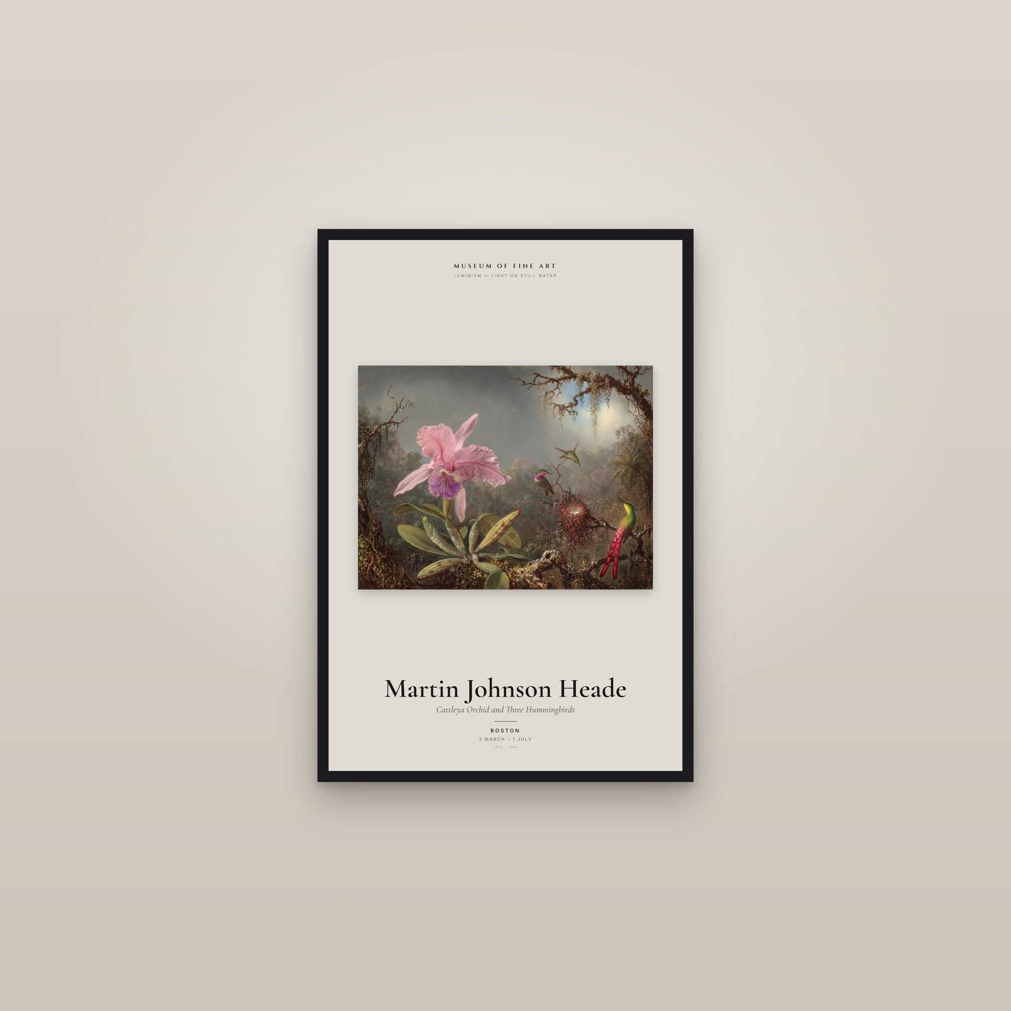 Cattleya Orchid and Three Hummingbirds — Exhibition Poster — framed in a gallery setting