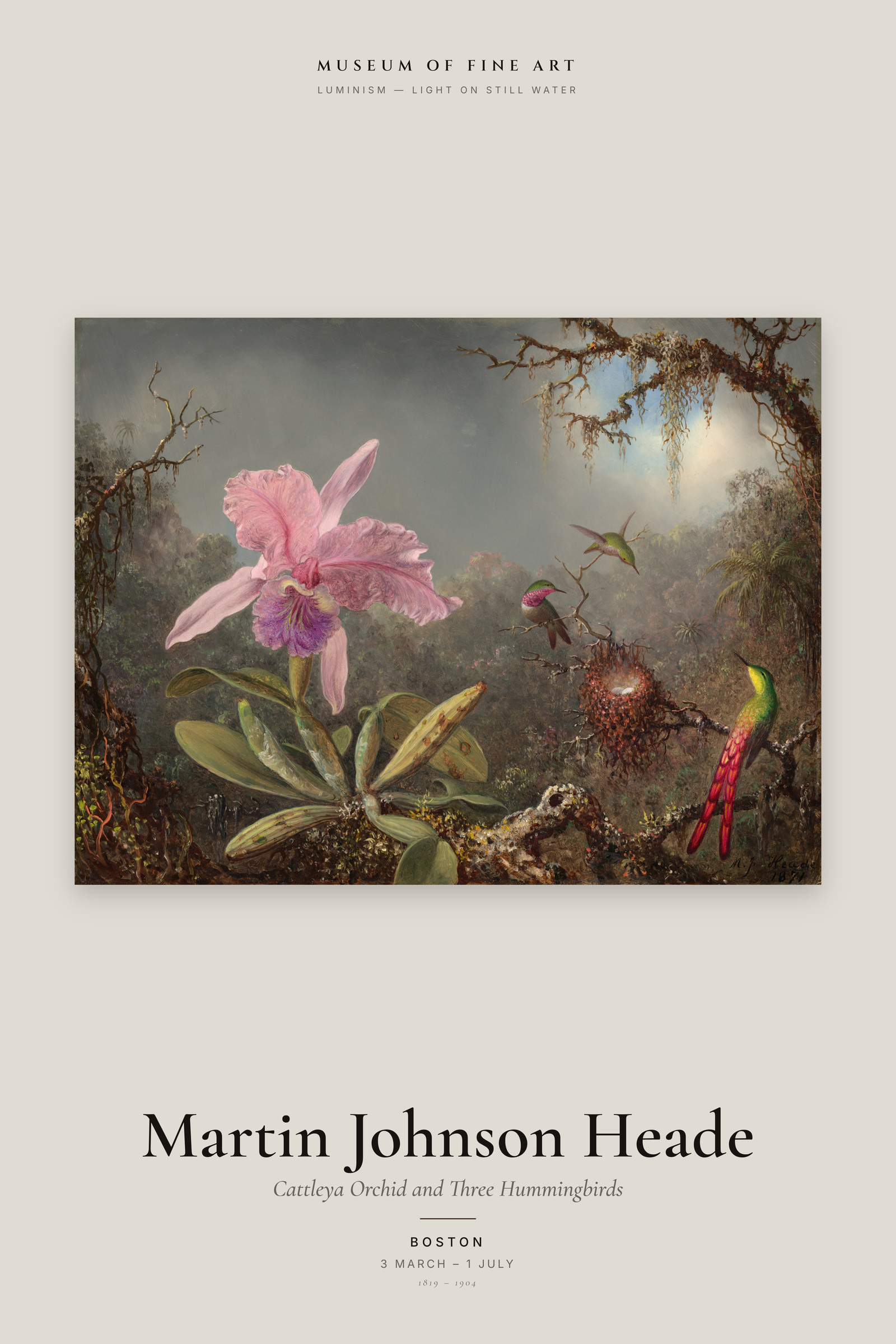 Cattleya Orchid and Three Hummingbirds — Exhibition Poster