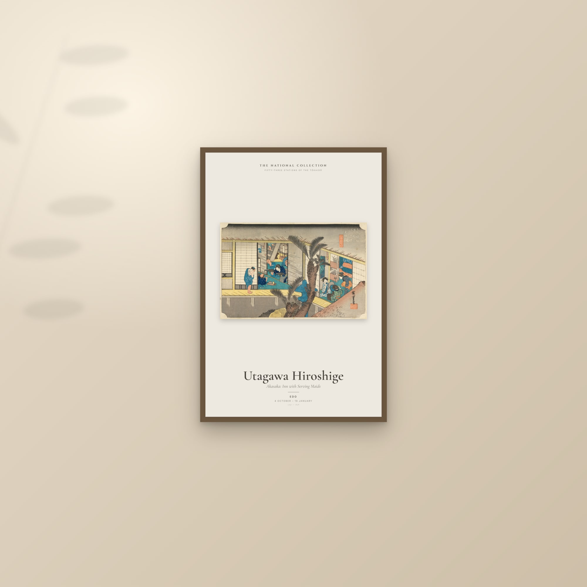 Akasaka: Inn with Serving Maids — Exhibition Poster — framed and styled on a sunlit wall