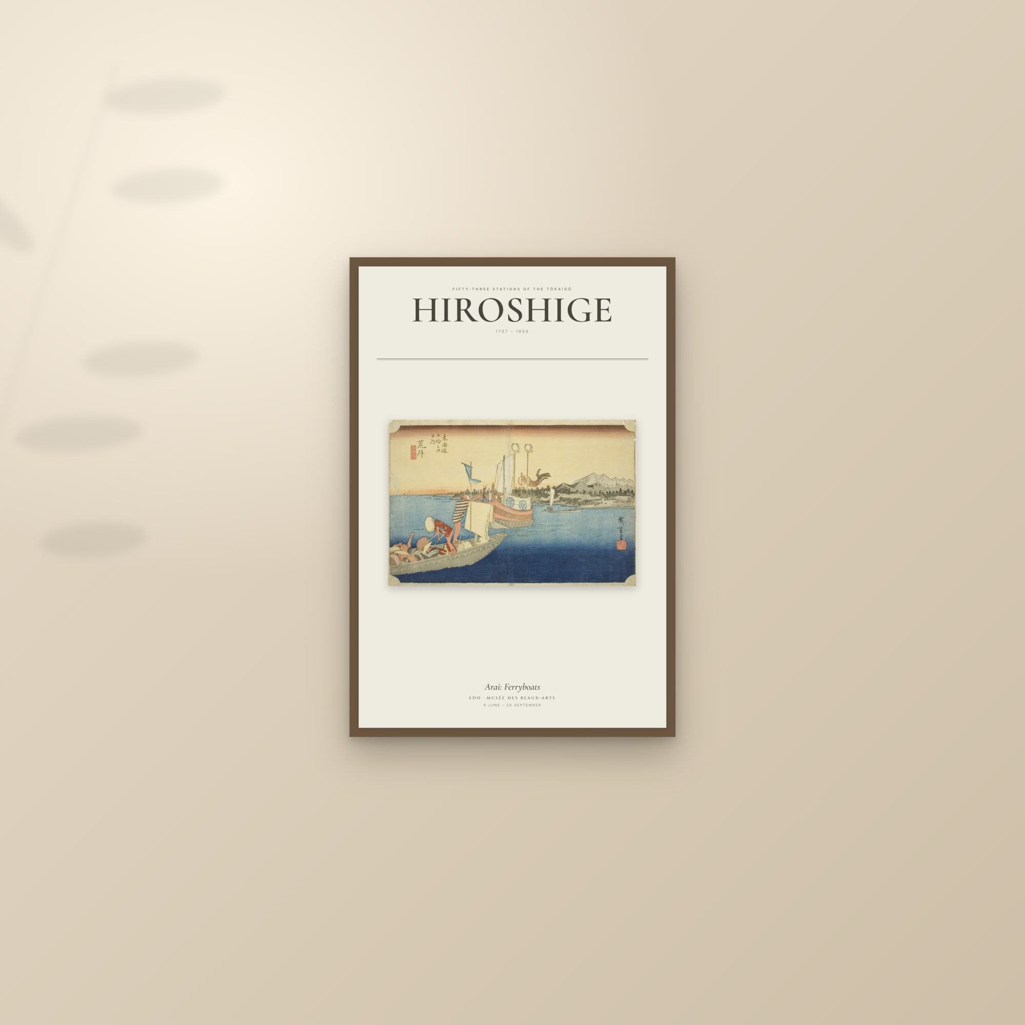 Arai: Ferryboats — Exhibition Poster — framed and styled on a sunlit wall