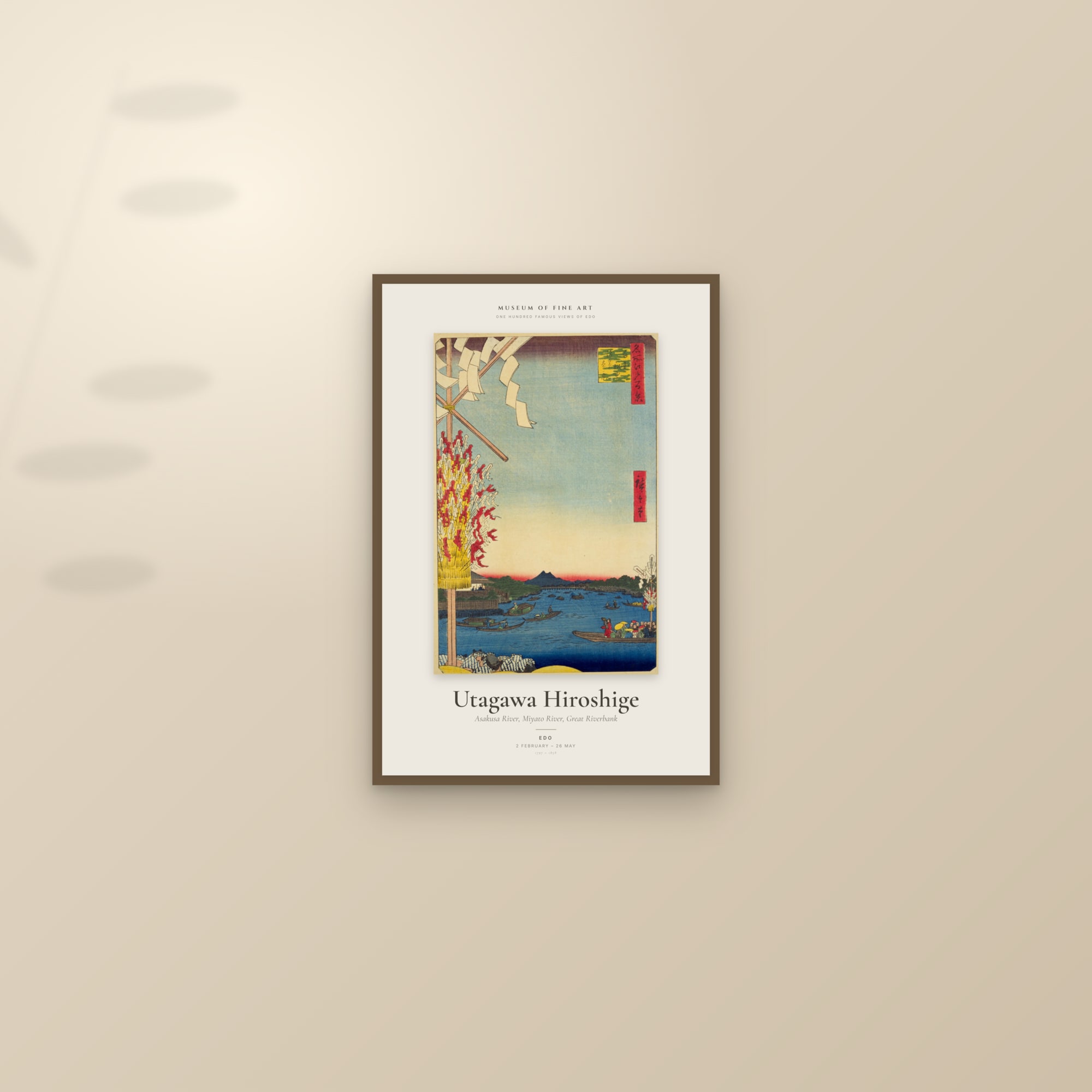 Asakusa River, Miyato River, Great Riverbank — Exhibition Poster — framed and styled on a sunlit wall