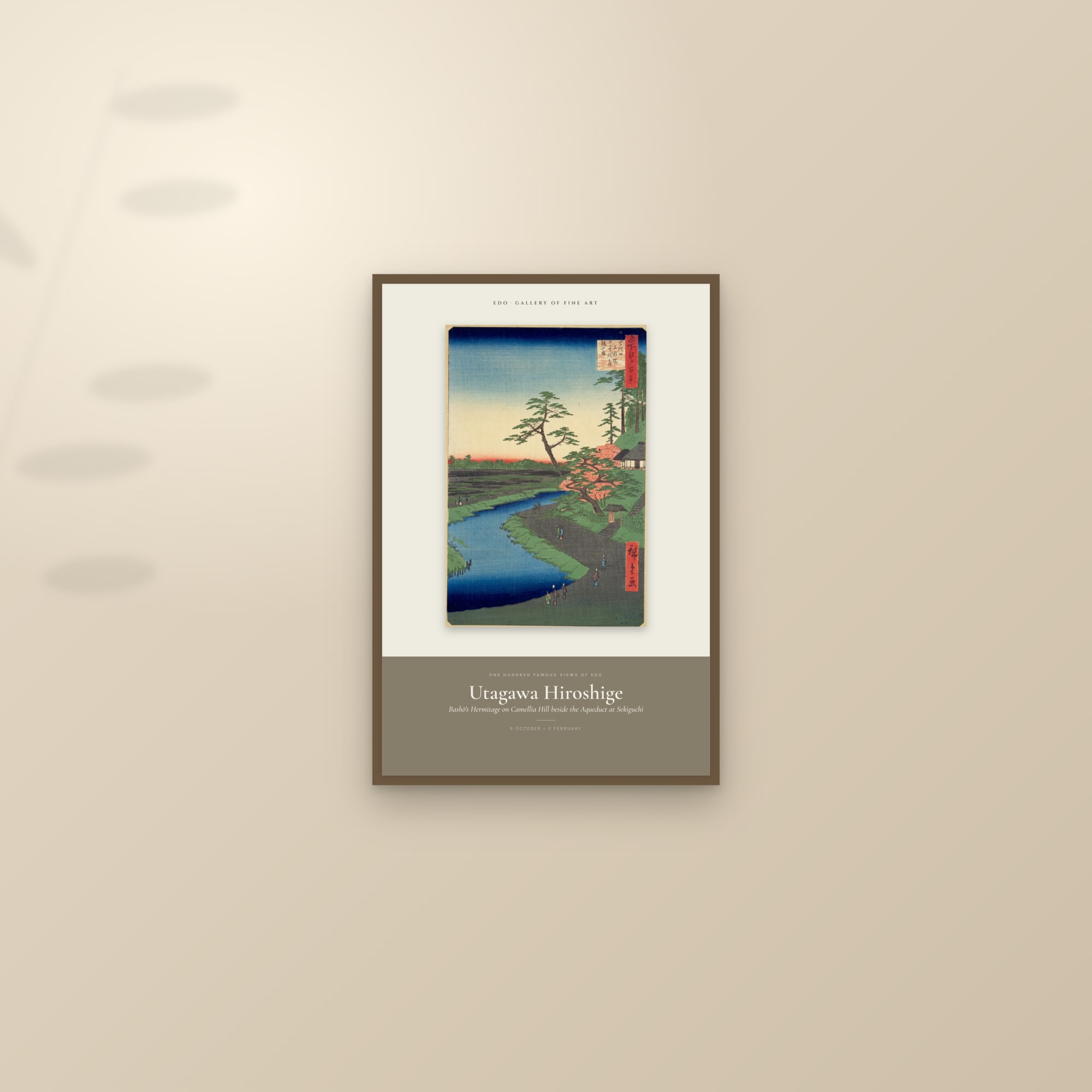 Bashō's Hermitage on Camellia Hill beside the Aqueduct at Sekiguchi — Exhibition Poster — framed and styled on a sunlit wall