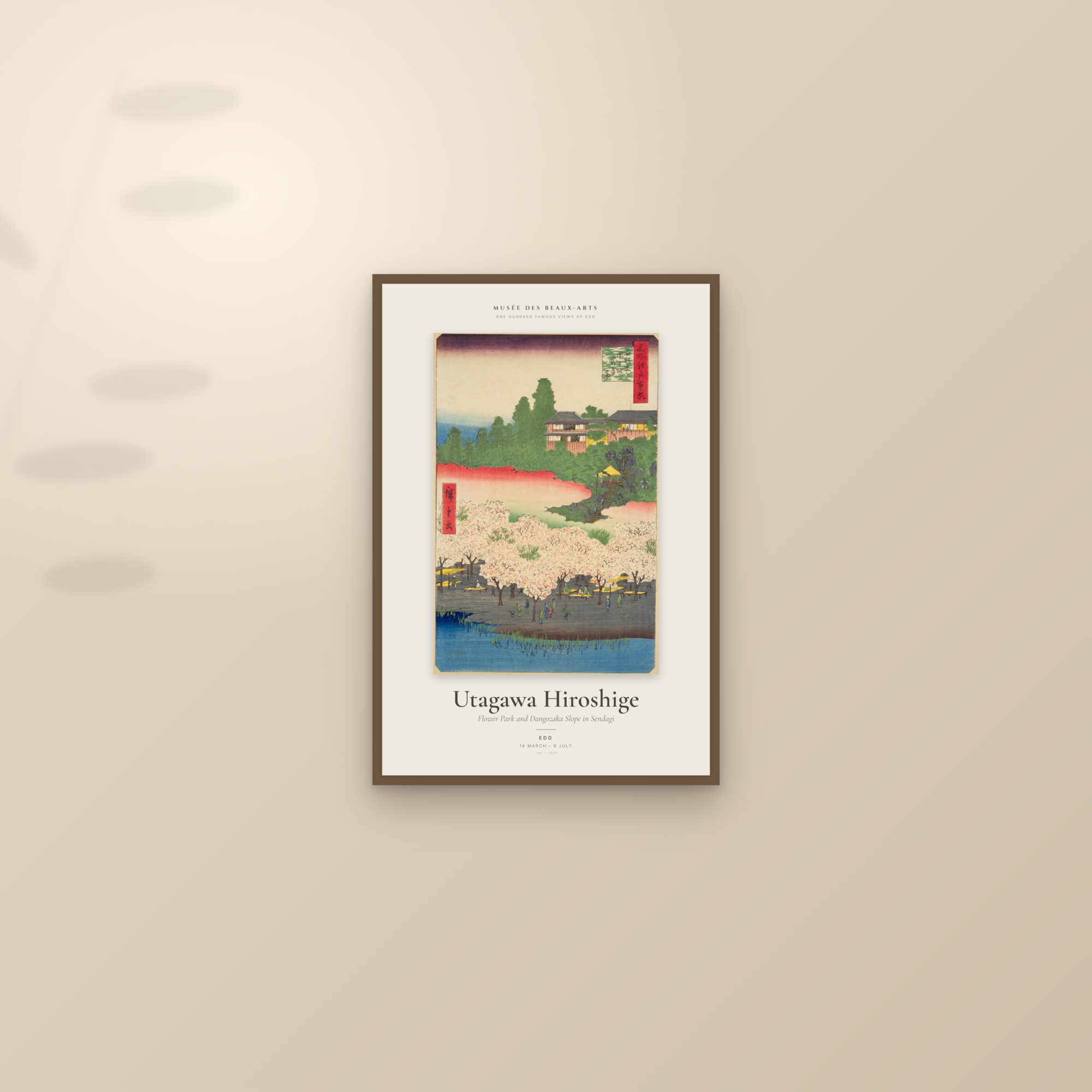 Flower Park and Dangozaka Slope in Sendagi — Exhibition Poster — framed and styled on a sunlit wall