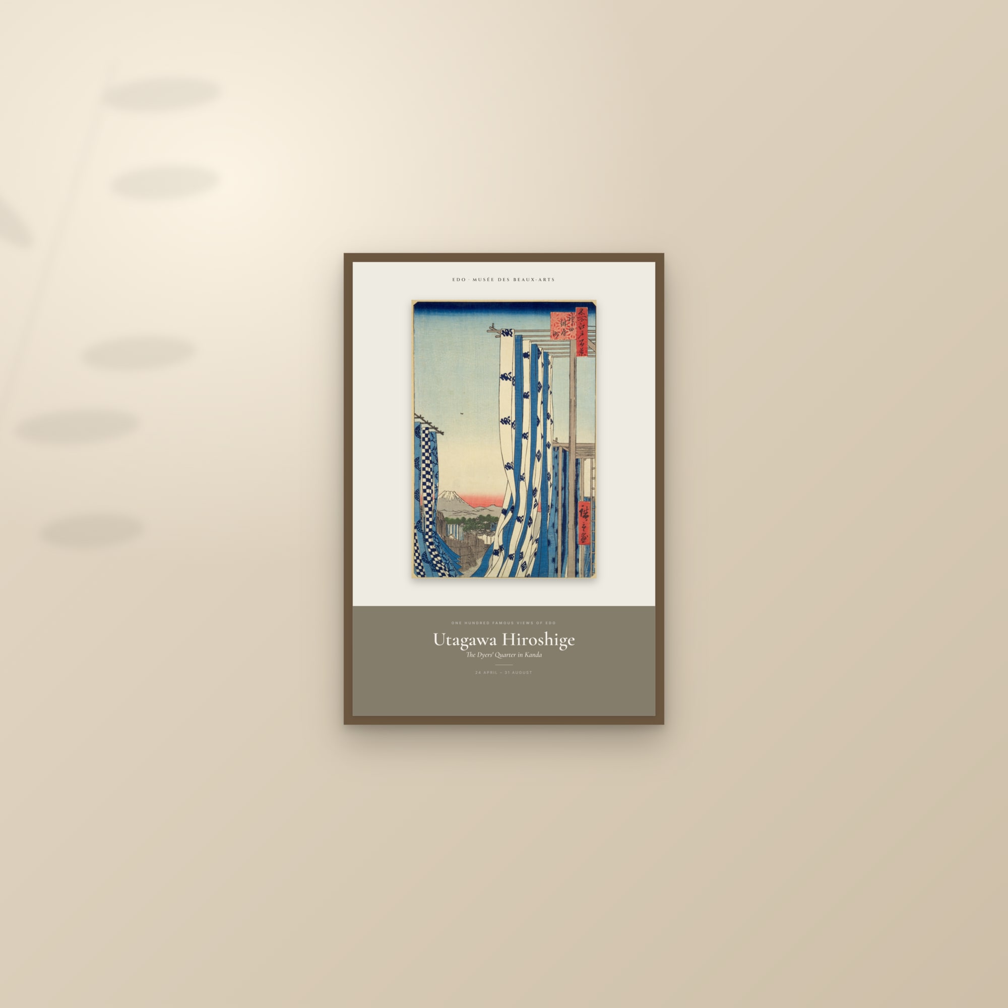 The Dyers' Quarter in Kanda — Exhibition Poster — framed and styled on a sunlit wall