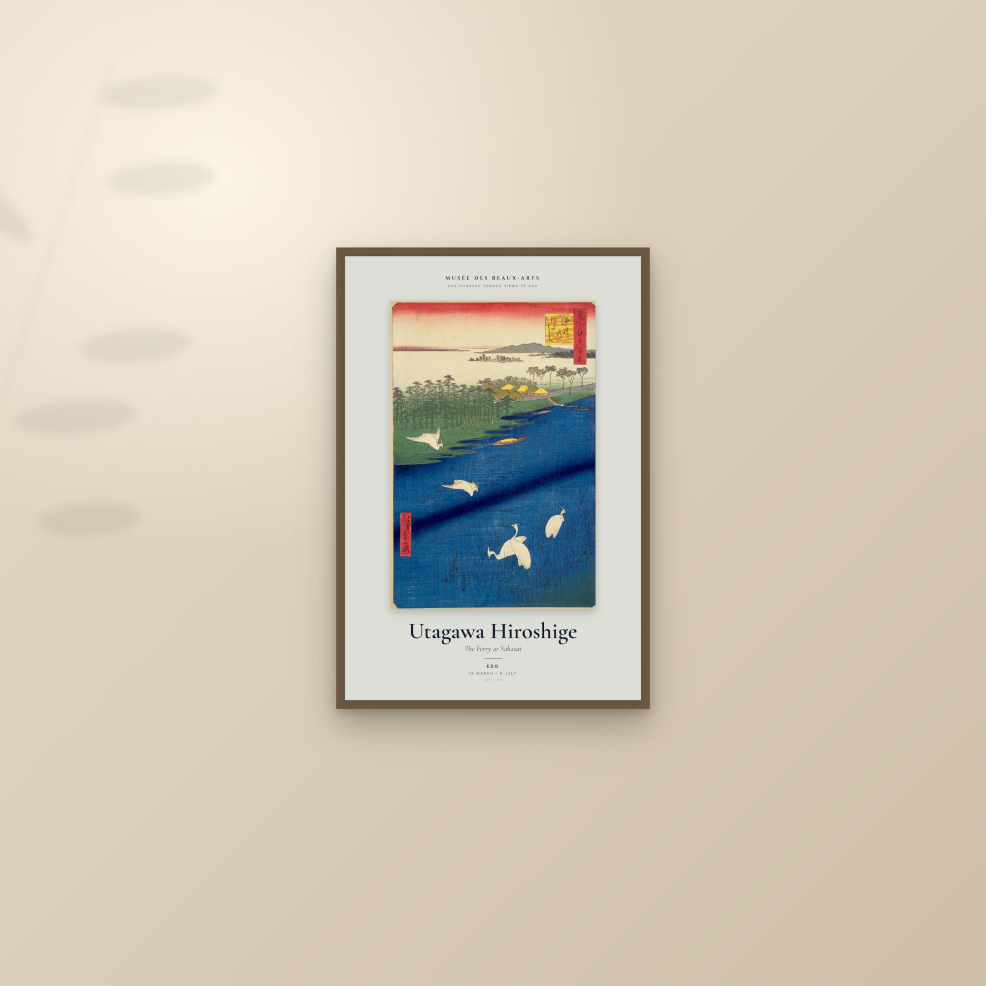 The Ferry at Sakasai — Exhibition Poster — framed and styled on a sunlit wall