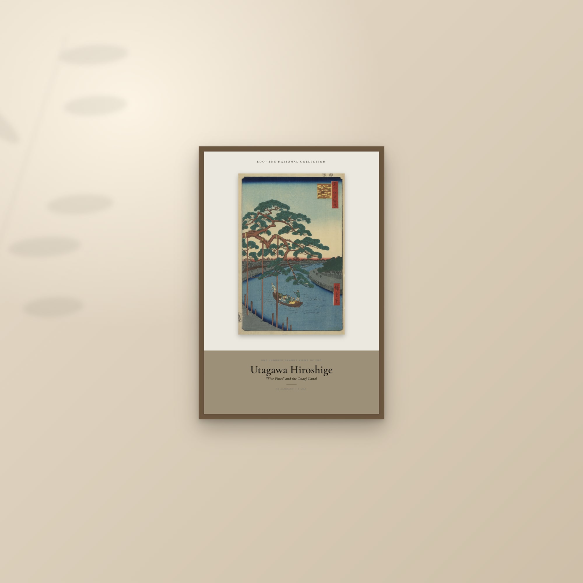 "Five Pines" and the Onagi Canal — Exhibition Poster — framed and styled on a sunlit wall