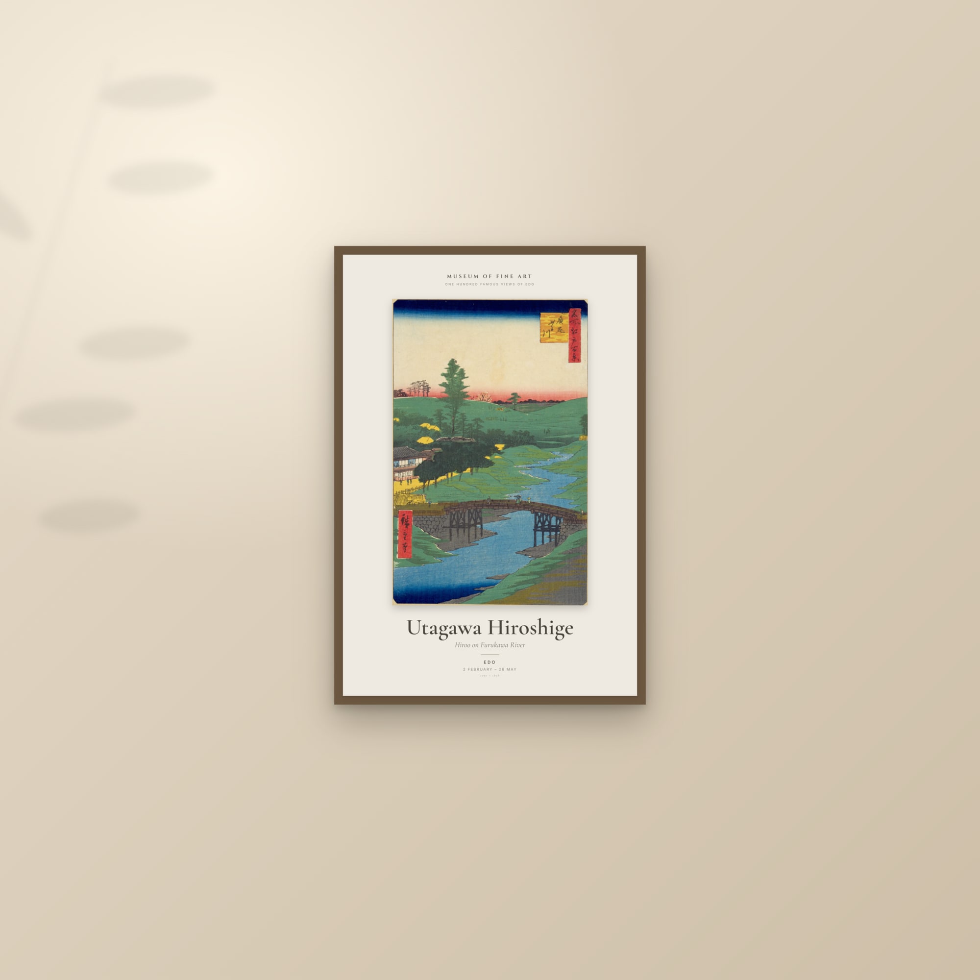 Hiroo on Furukawa River — Exhibition Poster — framed and styled on a sunlit wall