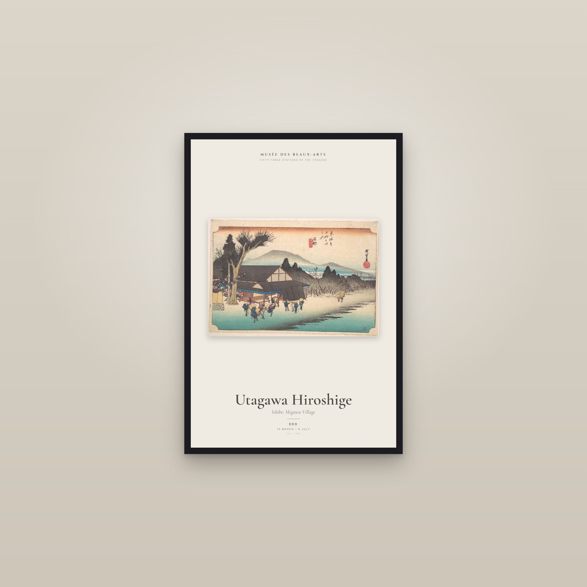Ishibe: Megawa Village — Exhibition Poster — framed in a gallery setting