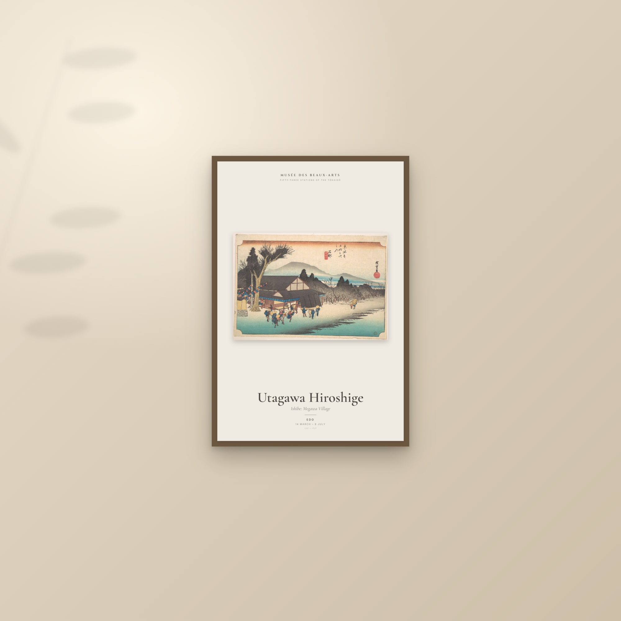 Ishibe: Megawa Village — Exhibition Poster — framed and styled on a sunlit wall