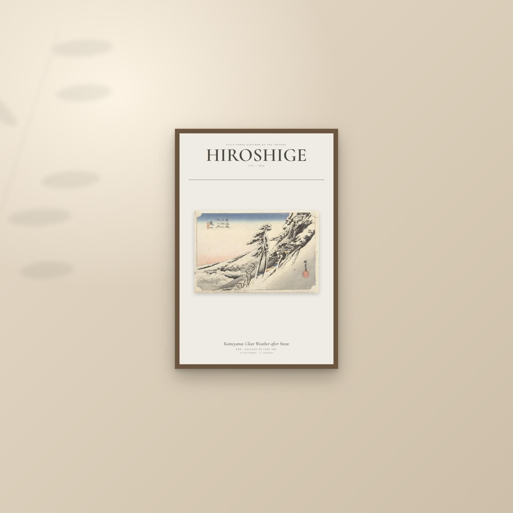 Kameyama: Clear Weather after Snow — Exhibition Poster — framed and styled on a sunlit wall